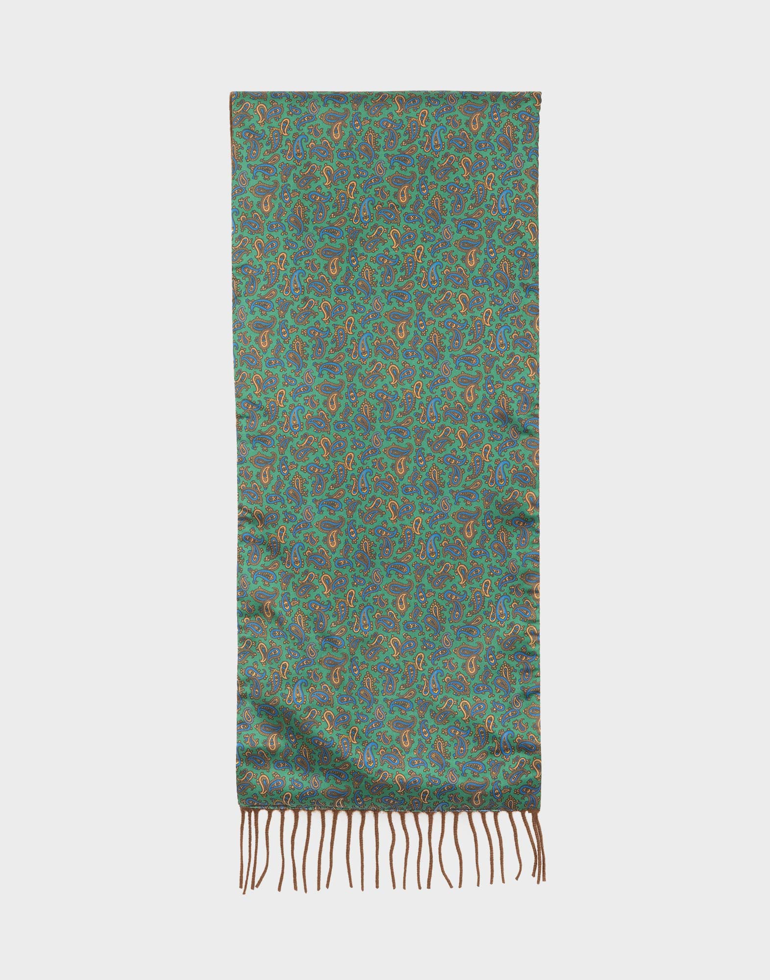sciarpa da uomo verde in seta con fantasia paisley ed interno marrone in cashmere con frange