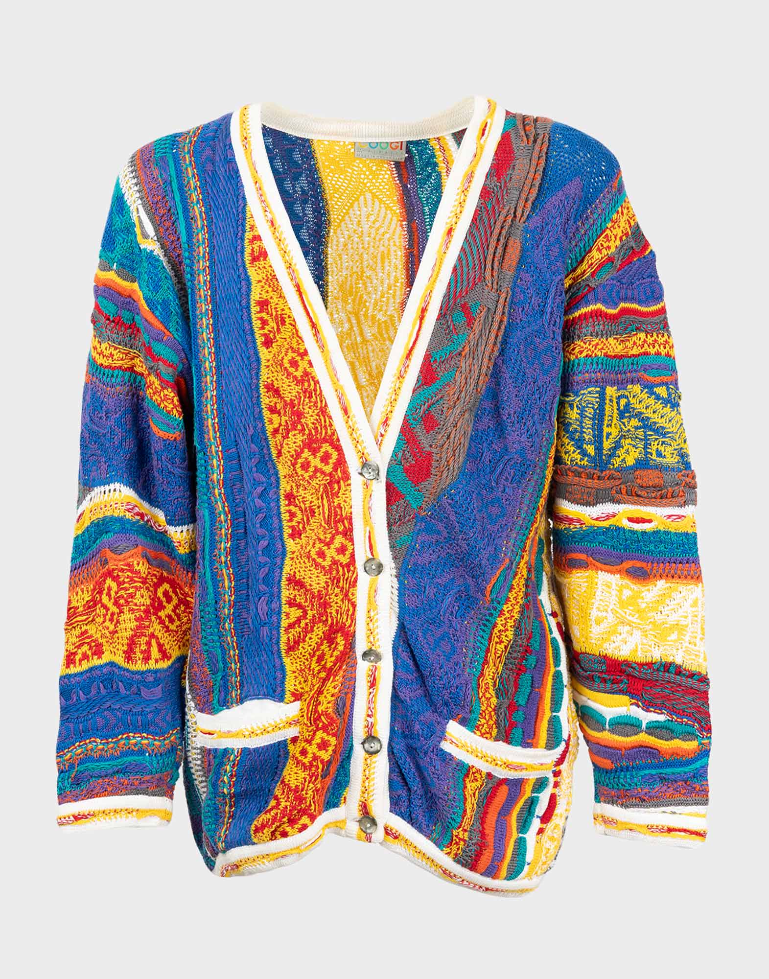 Blue, yellow, red multicolor patterned cotton men's cardigan with white V-neck, two small pockets on front.