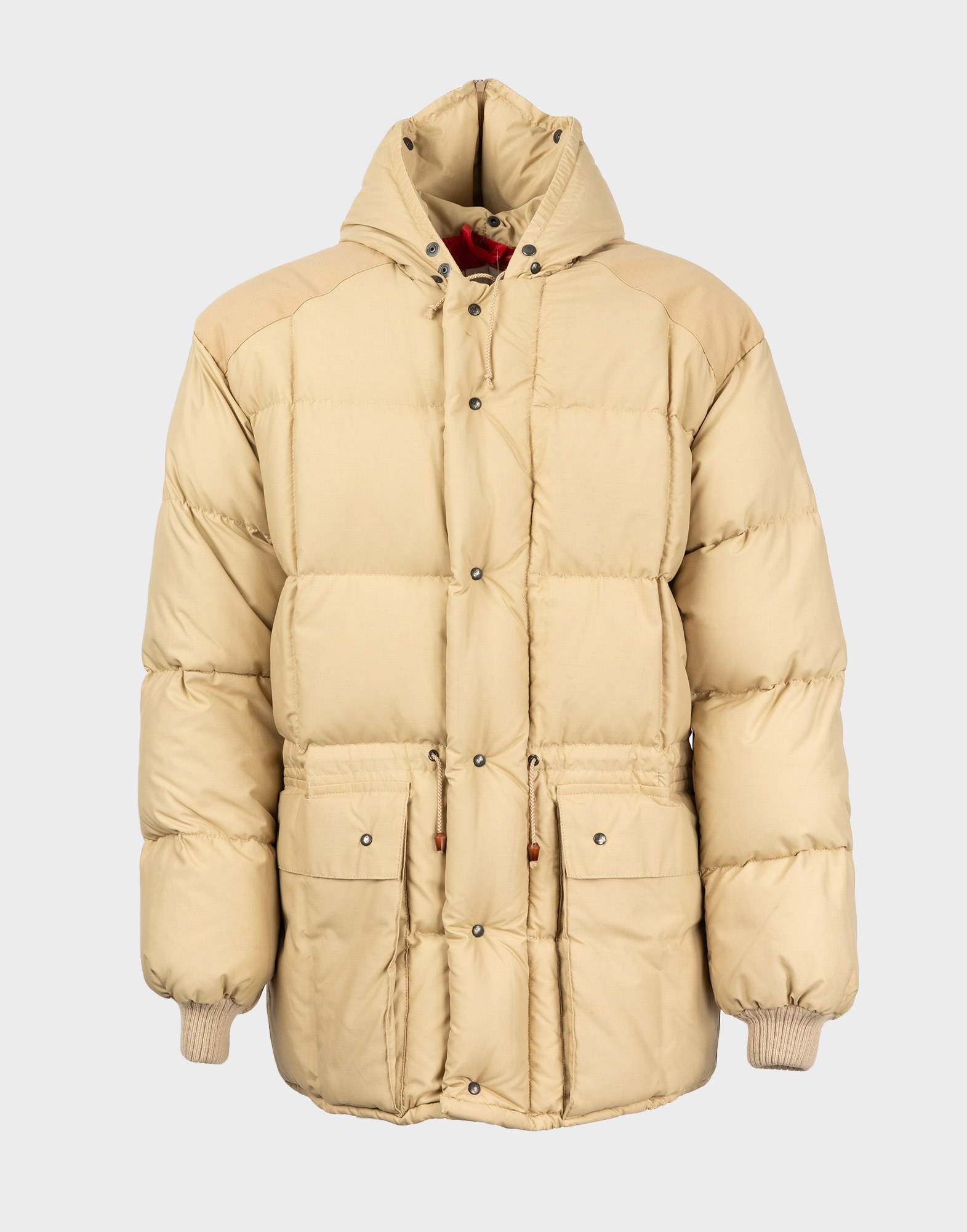 Beige men's down jacket with hood, drawstring waist, two front pockets, front button closure