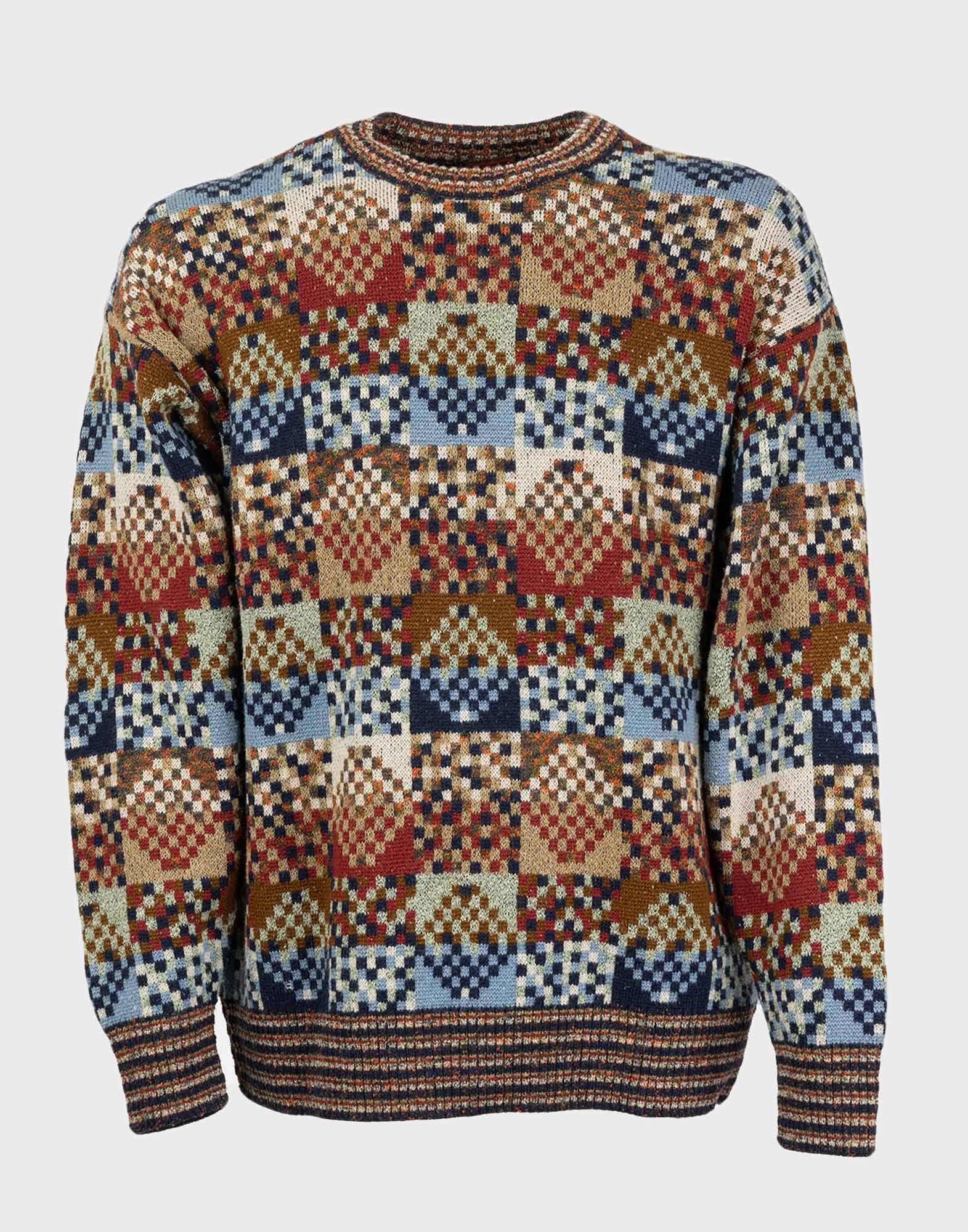 maglione da uomo in cotone girocollo con fantasia geometrica multicolore