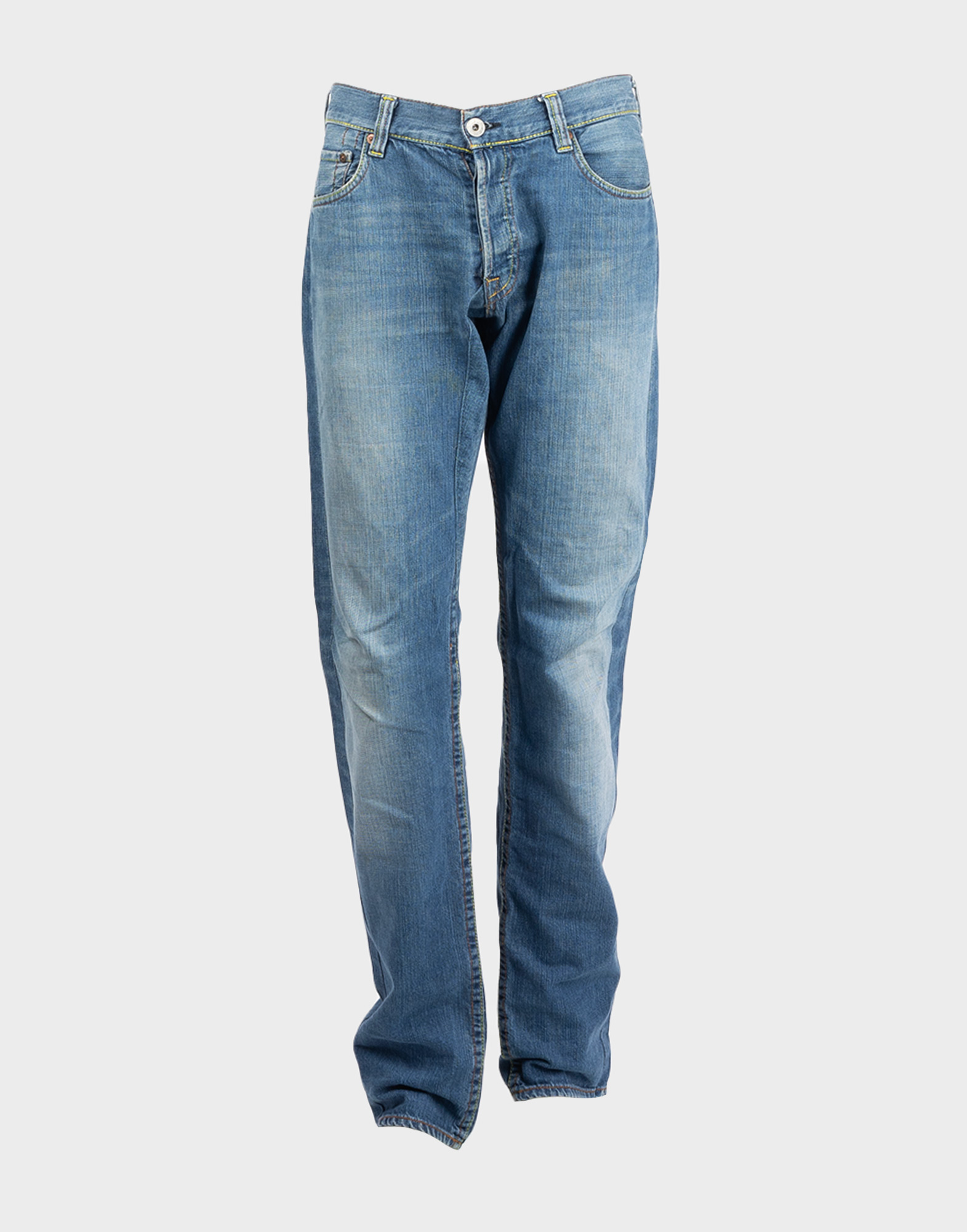Men's light denim jeans pants, straight leg, yellow contrast stitching
