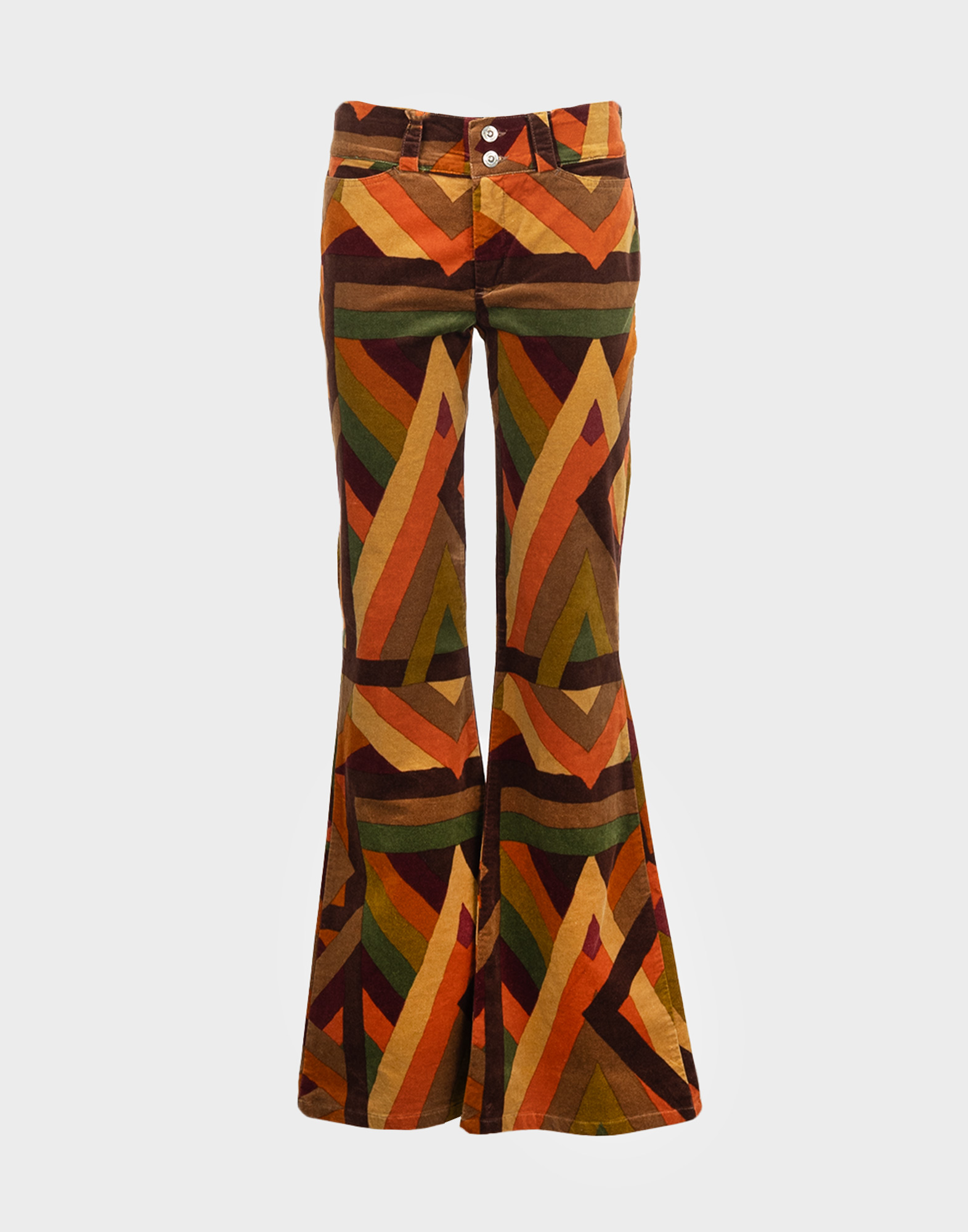 Women's flared pants with a multicolored geometric pattern in brown, orange, beige, and green, low-waisted. Front closure with two metal buttons.