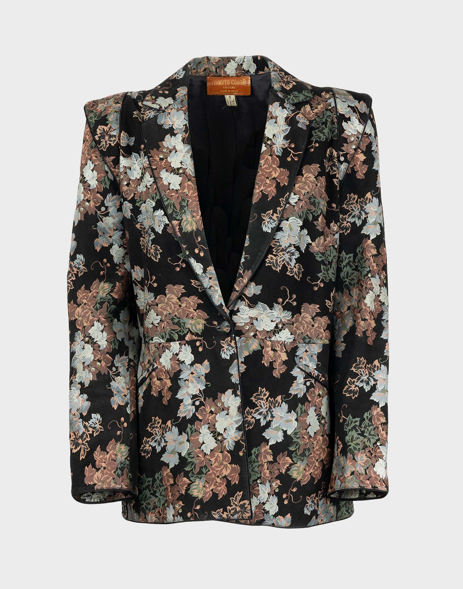 black women's leather jacket signed roberto cavalli with brown and light blue floral pattern, v-neck, single button closure