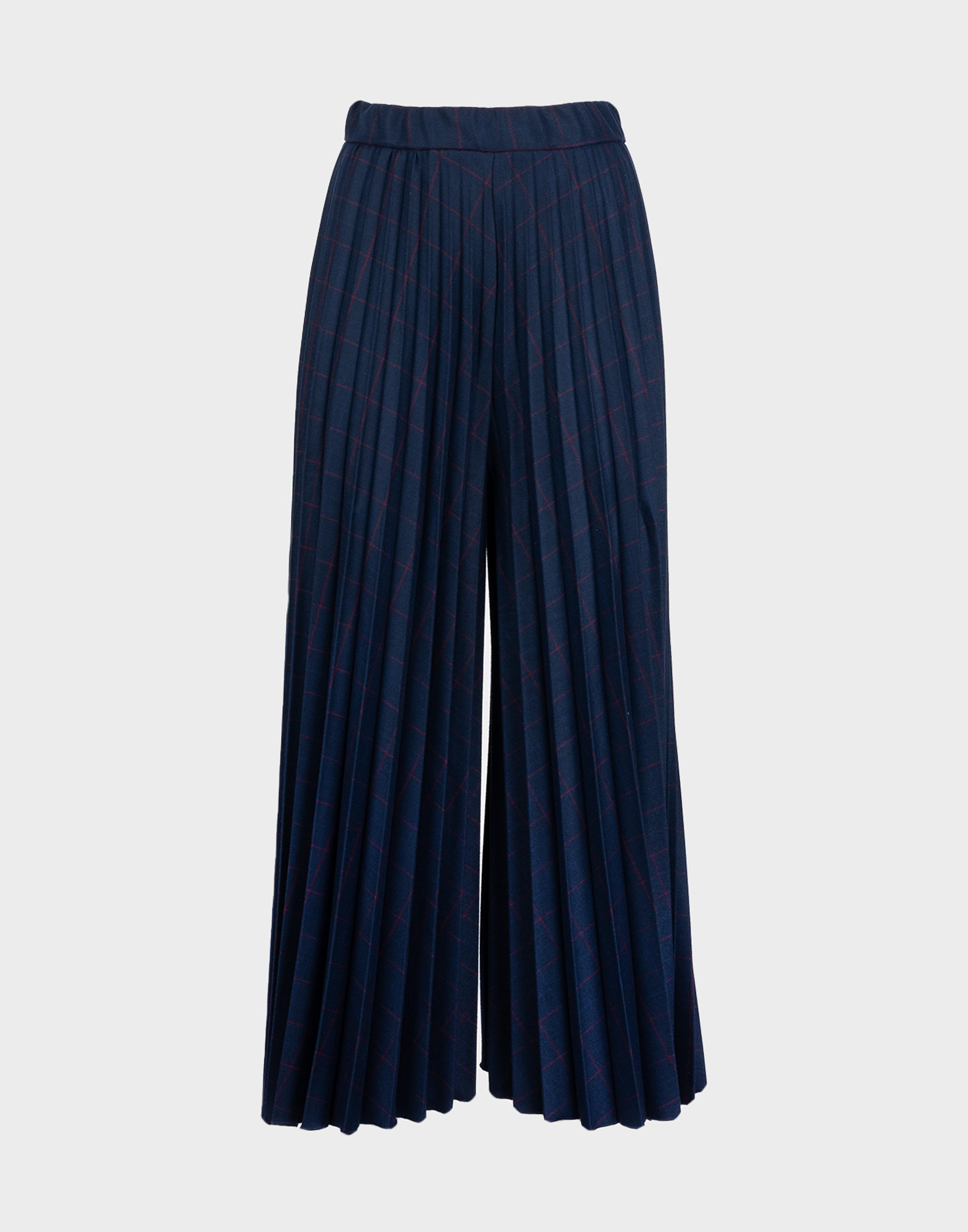 pantaloni da donna blu modello culotte con fantasia a quadri rossa e gambe plissettate
