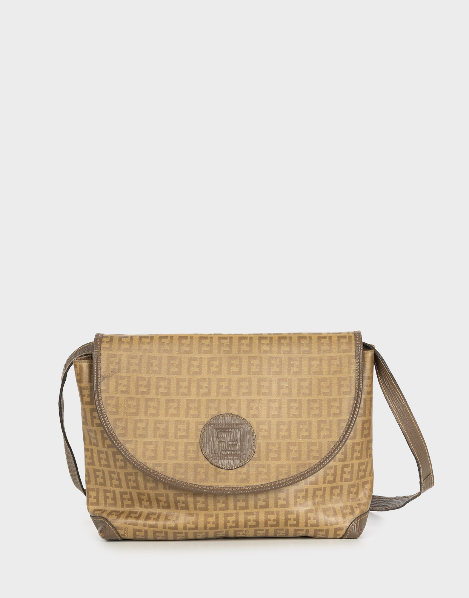 Beige leather shoulder bag with FF monogram pattern and brown trim