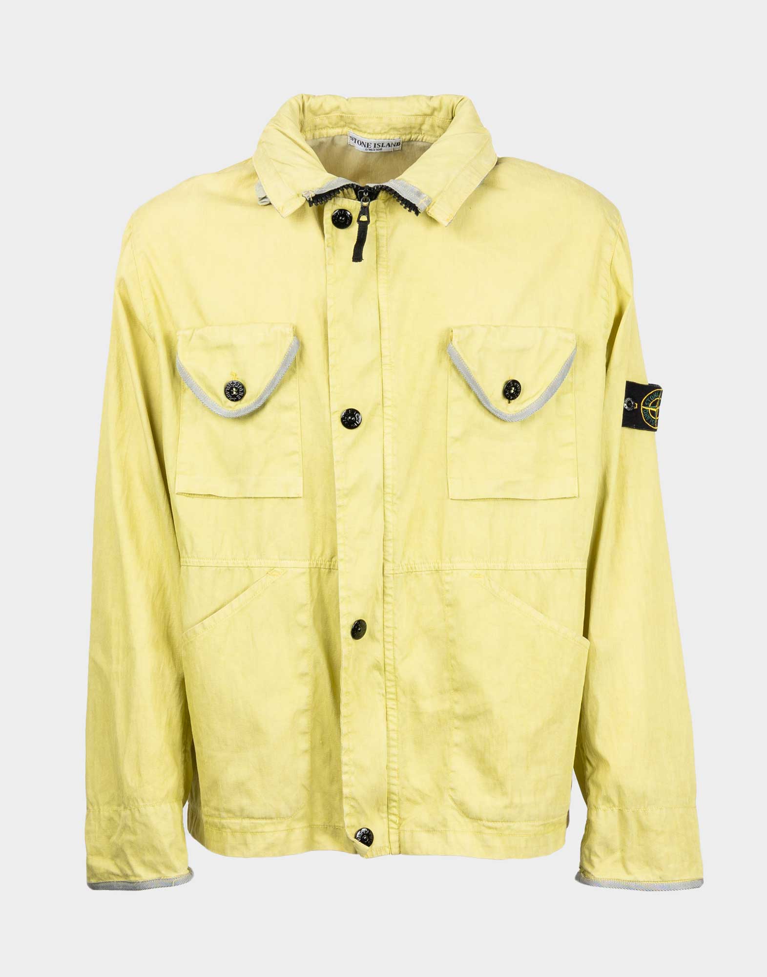 Men’s lightweight neon yellow linen jacket with black front zipper and button closure. Features two flap pockets on the front and a branded patch on the left sleeve.