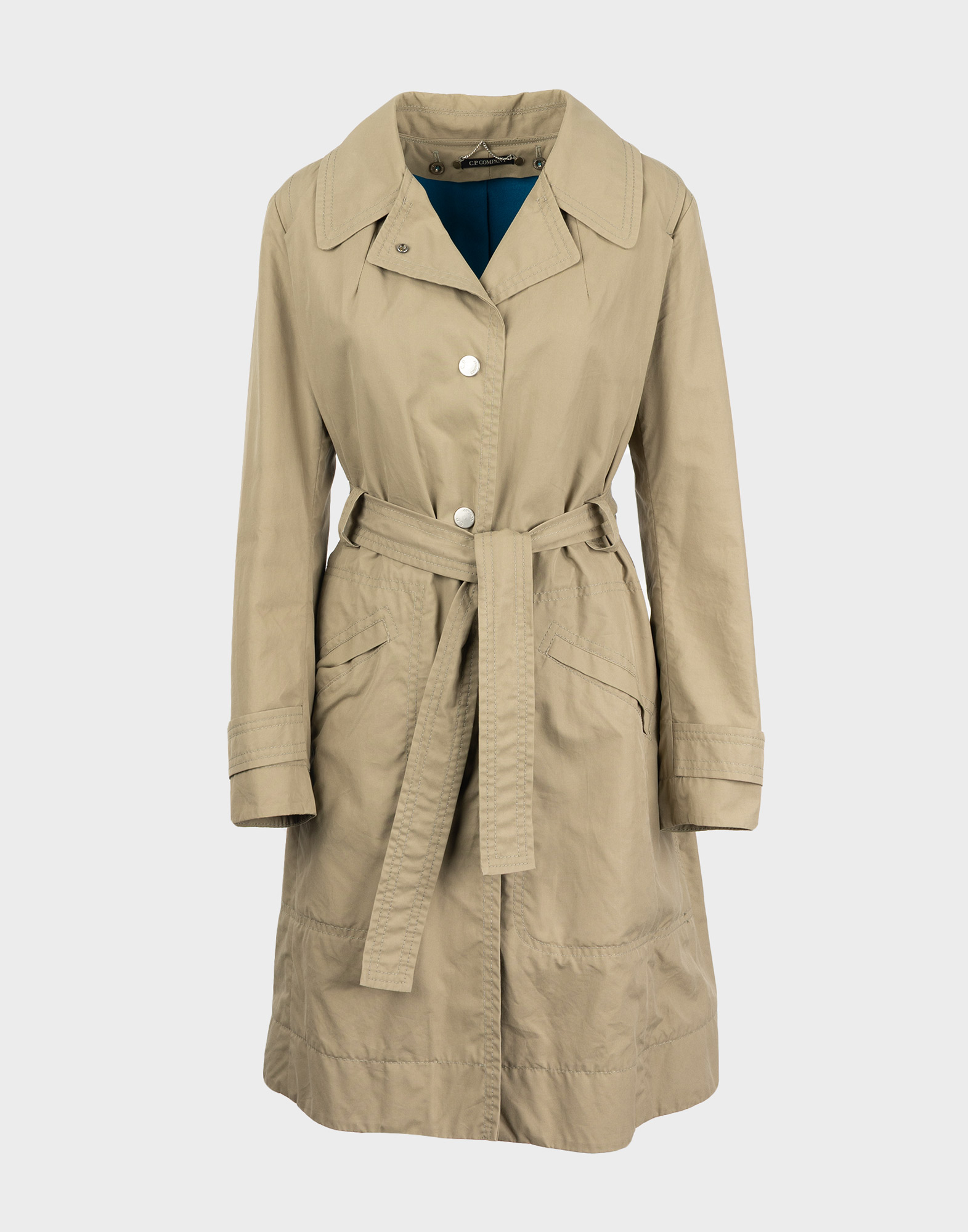 Women's beige medium length trench coat, silver button front closure, adjustable waist belt, long sleeves