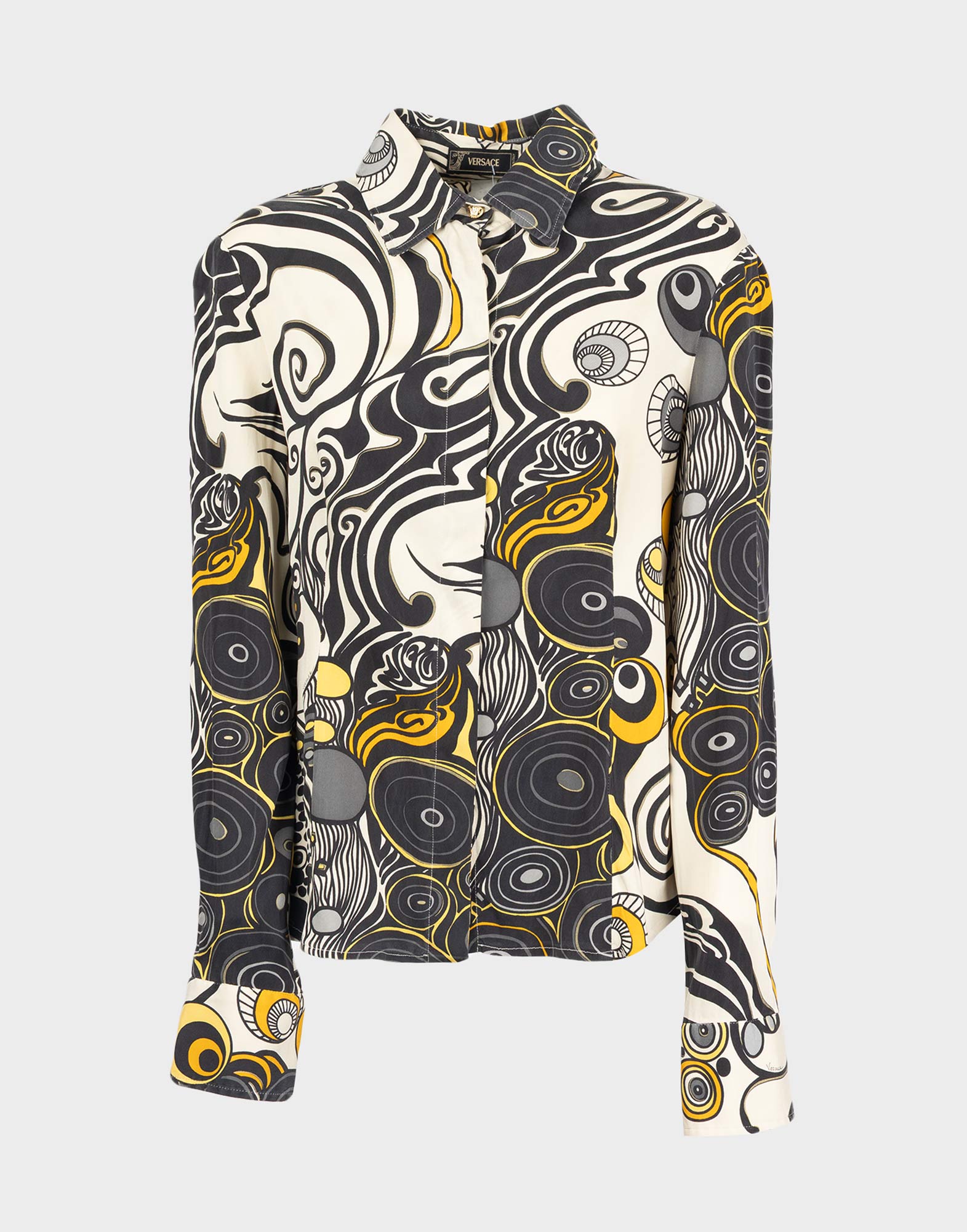 Women's long-sleeved shirt with all-over begie, yellow and gray pattern, front button closure