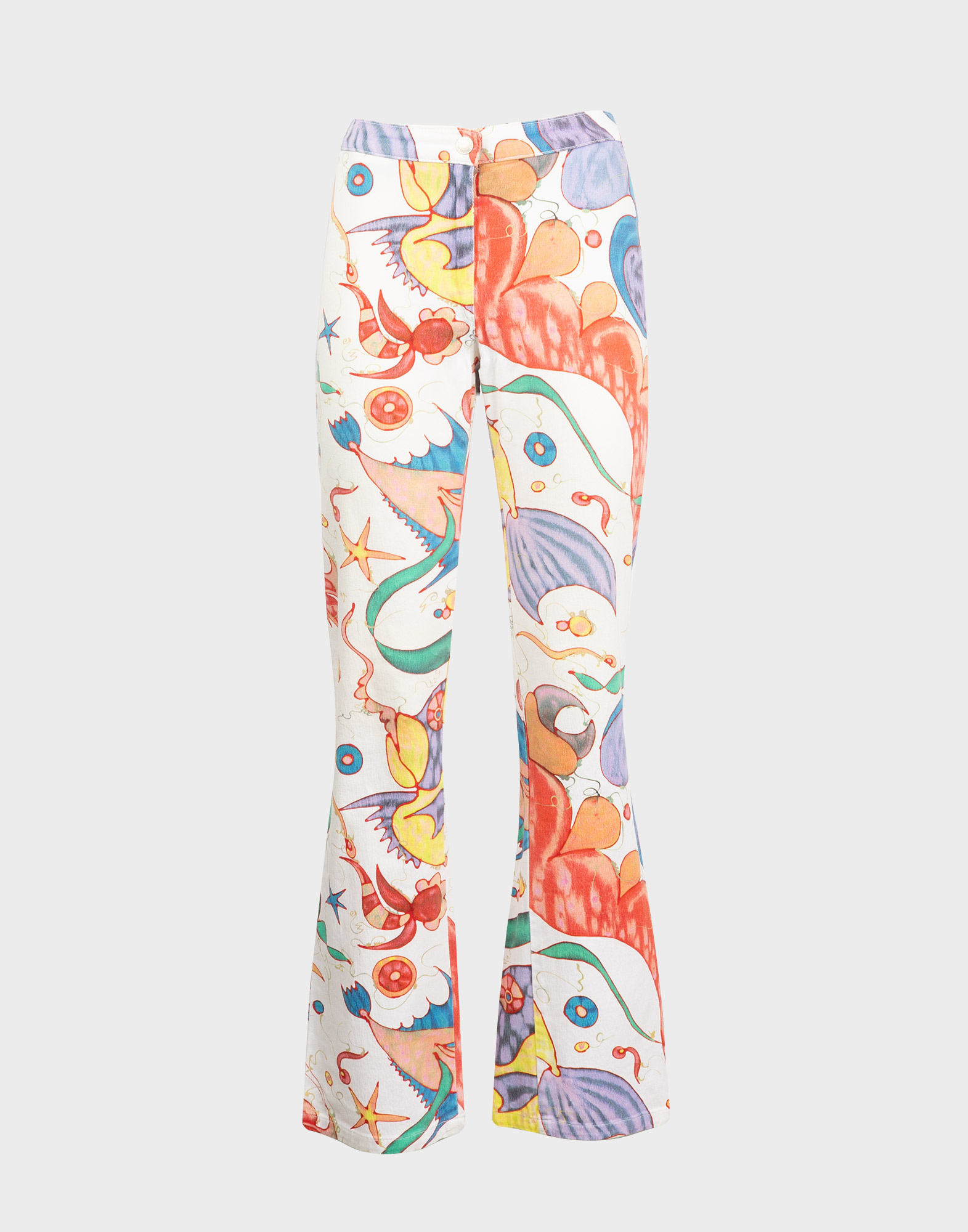 pantaloni versace jeans bianchi a zampa con fantasia multicolore tema mare