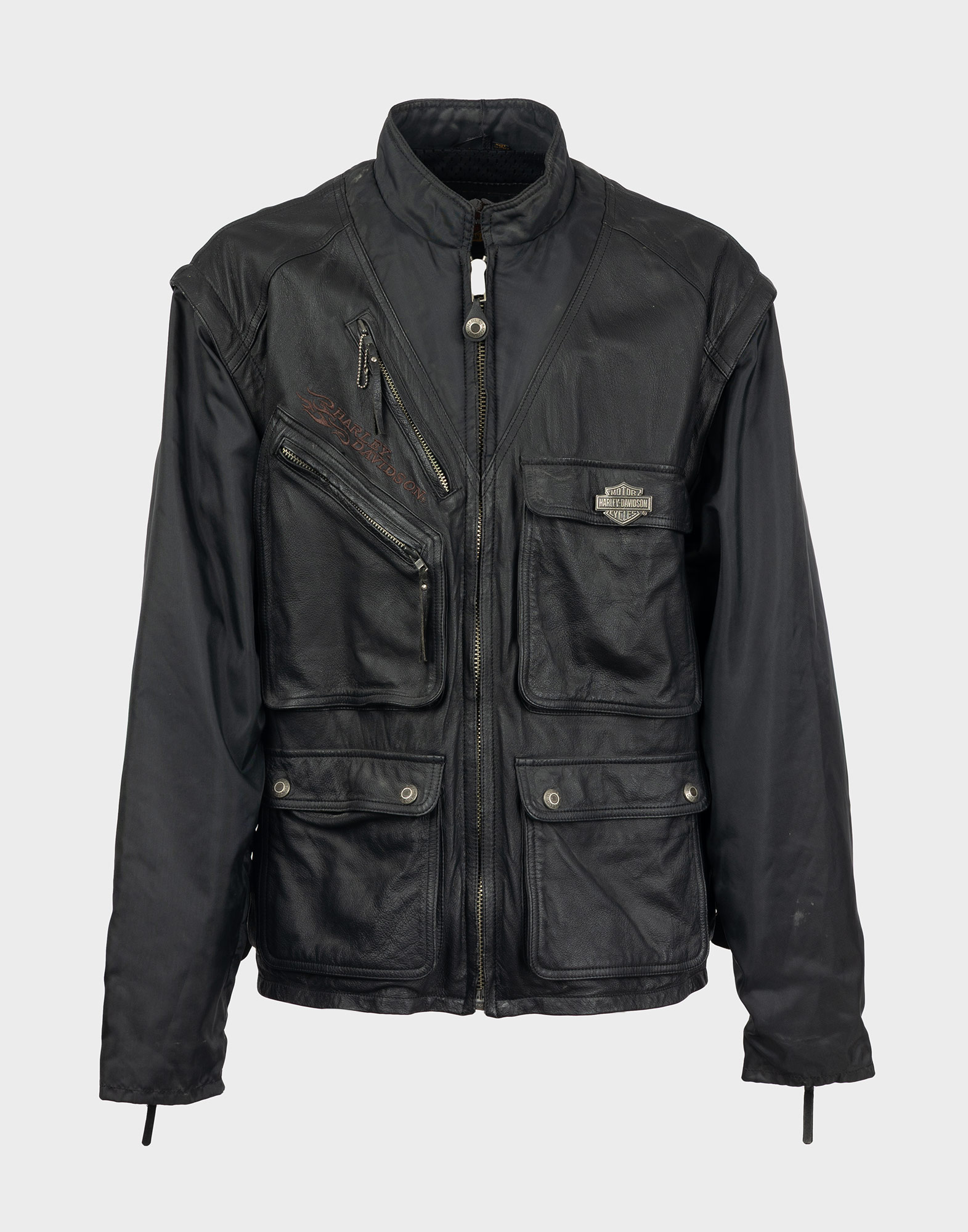 Men's black fabric jacket with leather detailing, front zipper closure, four clip-on button pockets on front, embroidered logo on chest