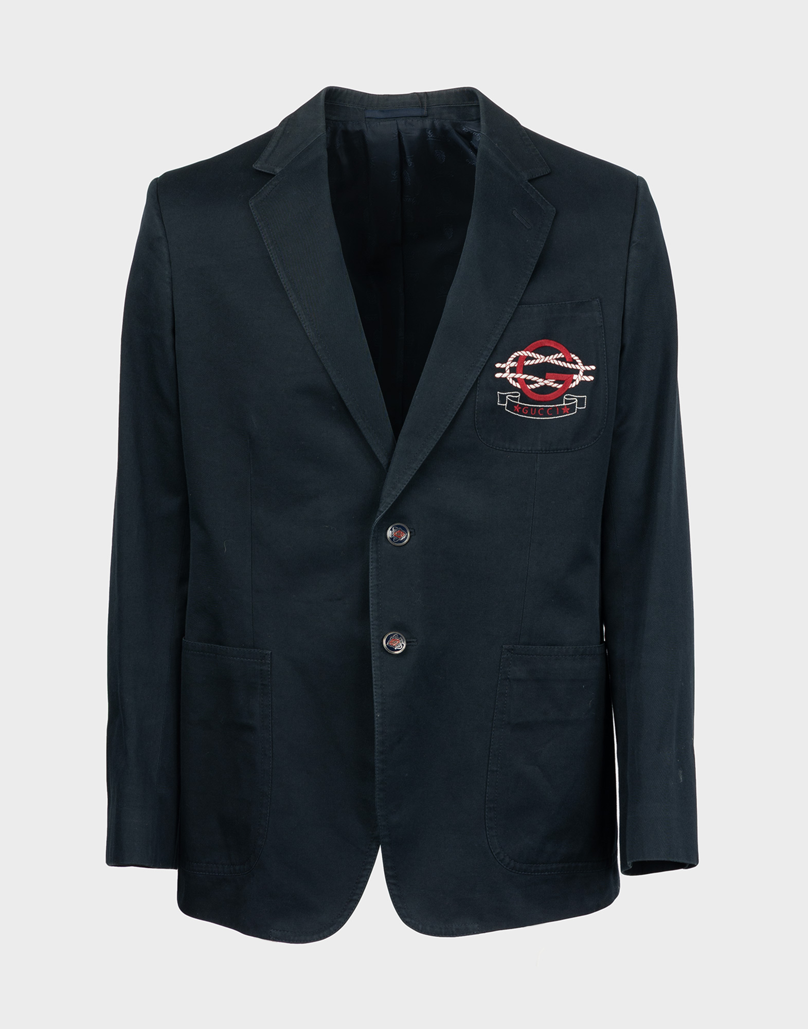 giacca blu gucci in cotone, chiusura anteriore con due bottoni, taschino con ricamo sul davanti