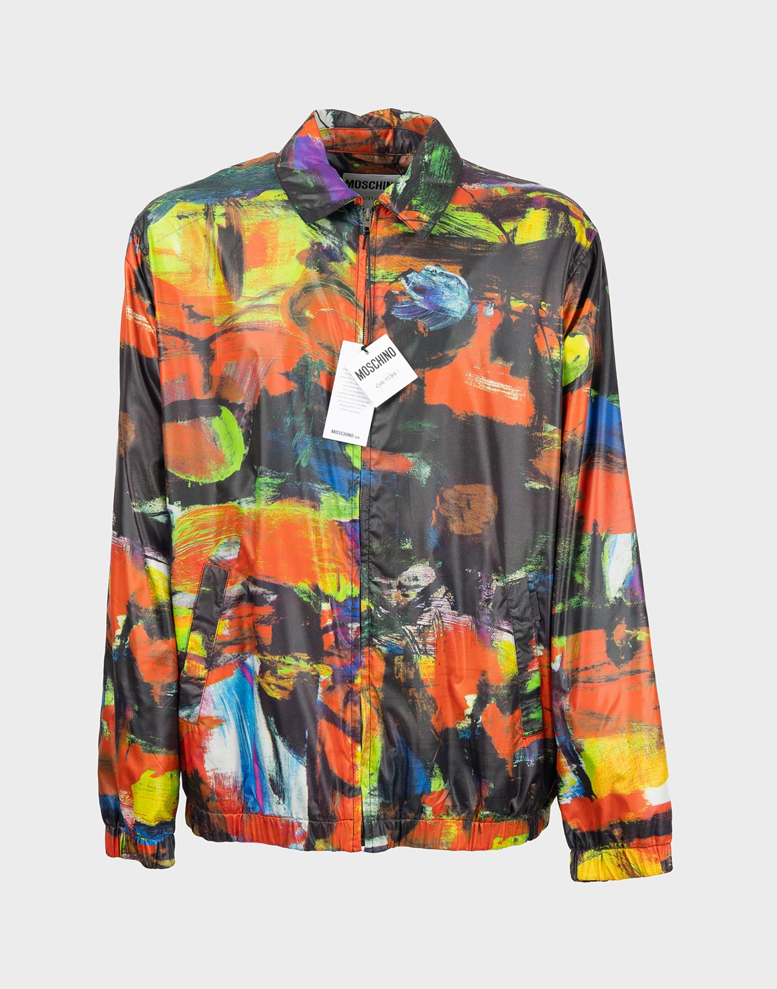 multicoloured moschino couture men's jacket, front zip fastener, new tag