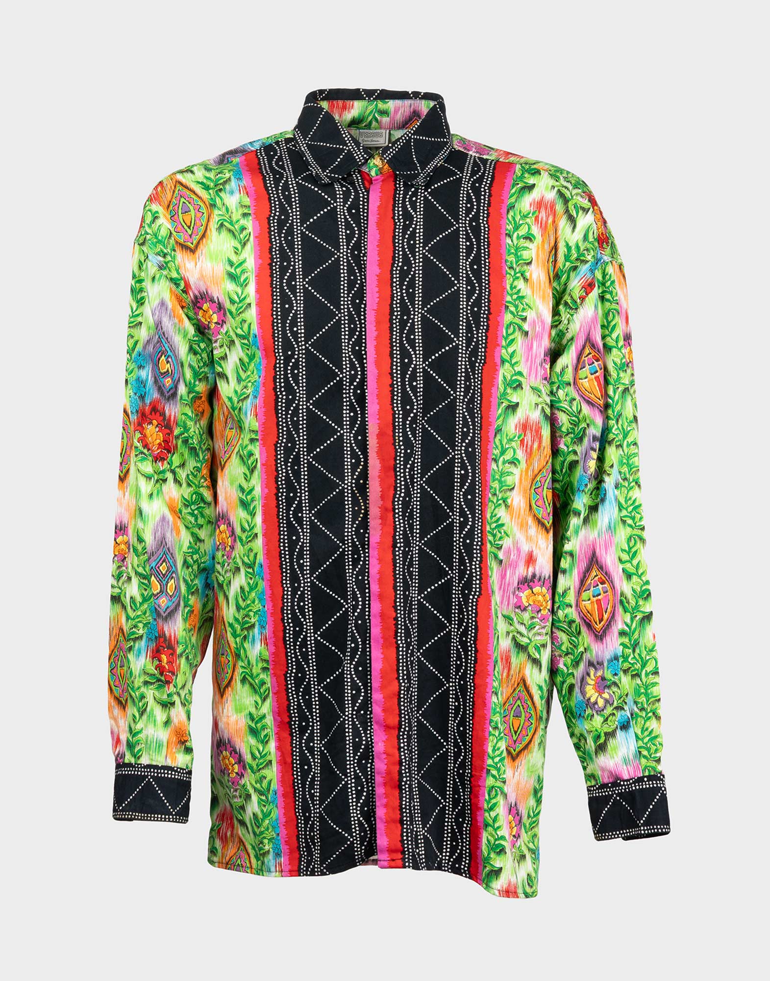 camicia a maniche lunghe da uomo con fantasia floreale verde e banda verticale nera sul davanti