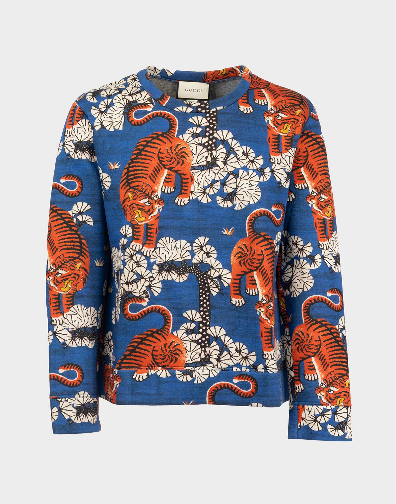 felpa gucci blu da uomo con stampa di tigri del bengala bianche e arancioni
