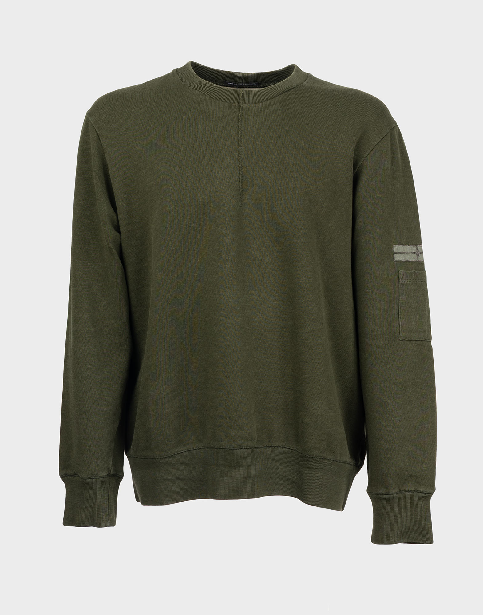 Men's green cotton sweatshirt with decorative seam on front, logo patch on left sleeve