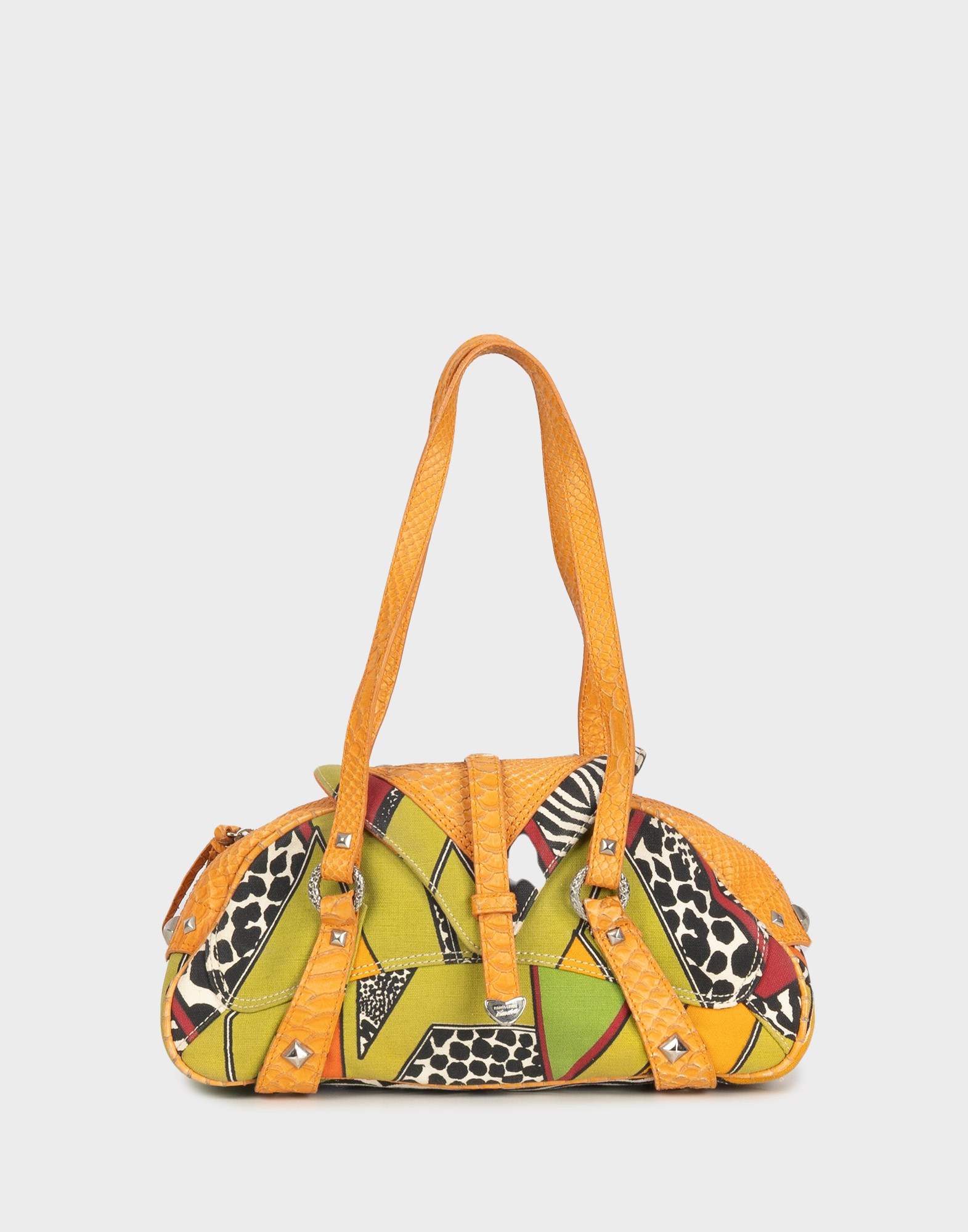 borsa roberto cavalli anni 2000 in tela con diverse fantasie multicolore, dettagli in pelle arancione effetto coccodrillo