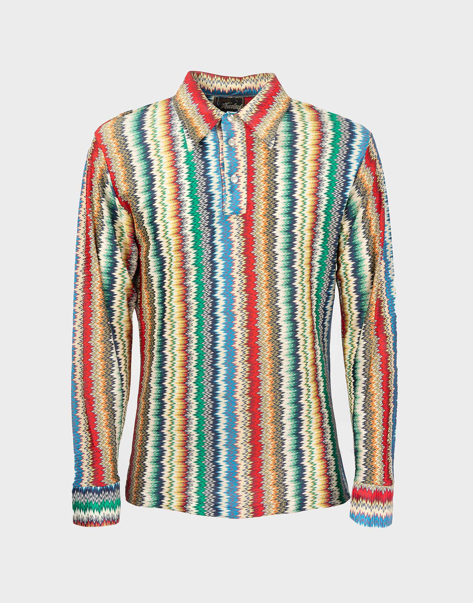 70s long-sleeved men's polo shirt with multicoloured zig zag pattern