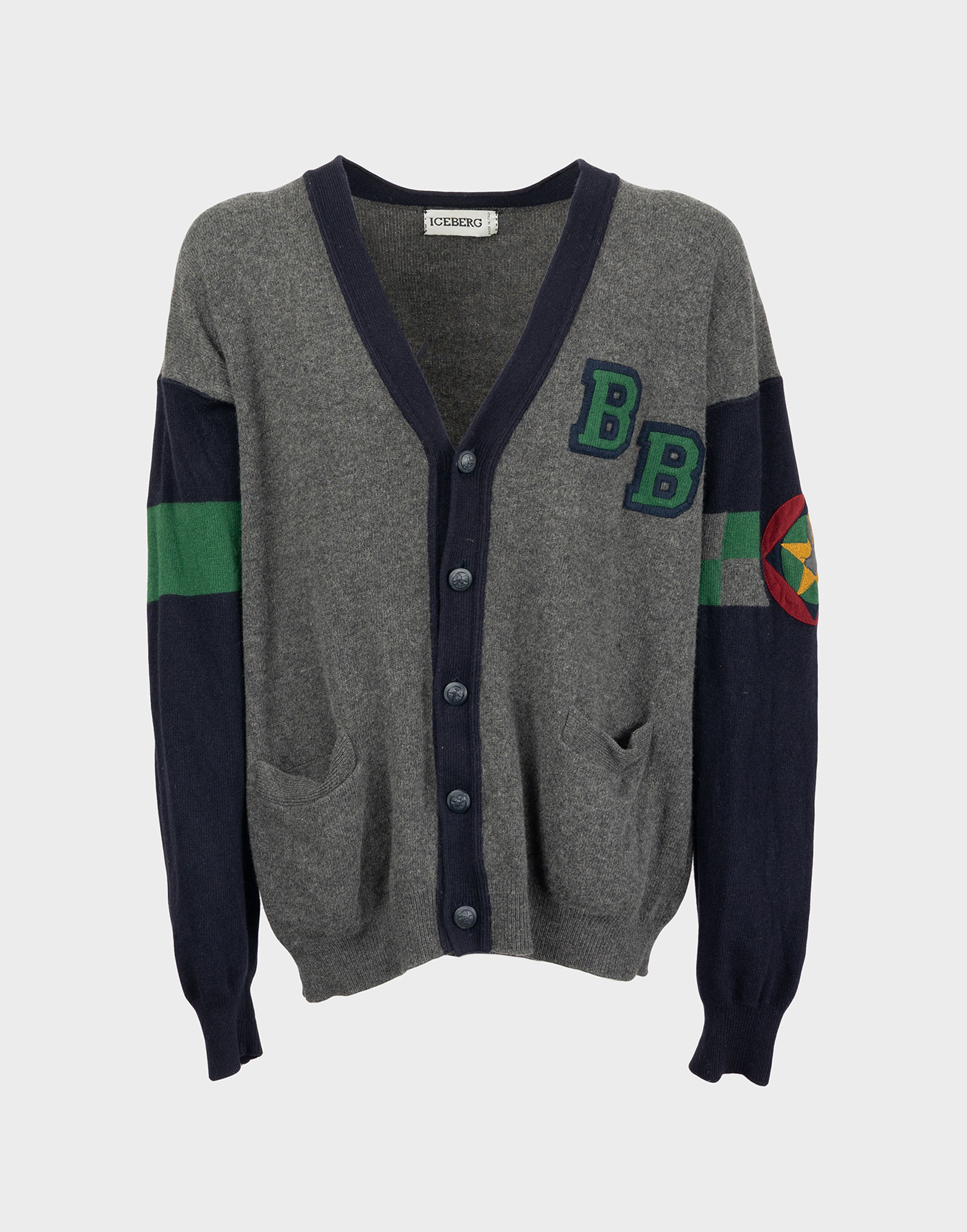 iceberg grey virgin wool cardigan, v-neck with blue border, two front pockets and chest patch