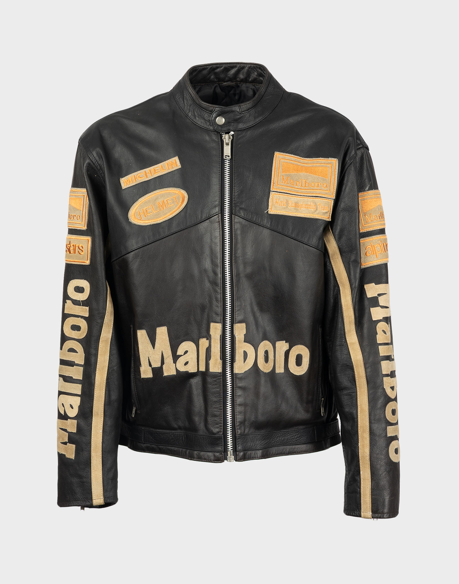 black leather biker jacket with beige Marlboro leather patch, silver zip fastener