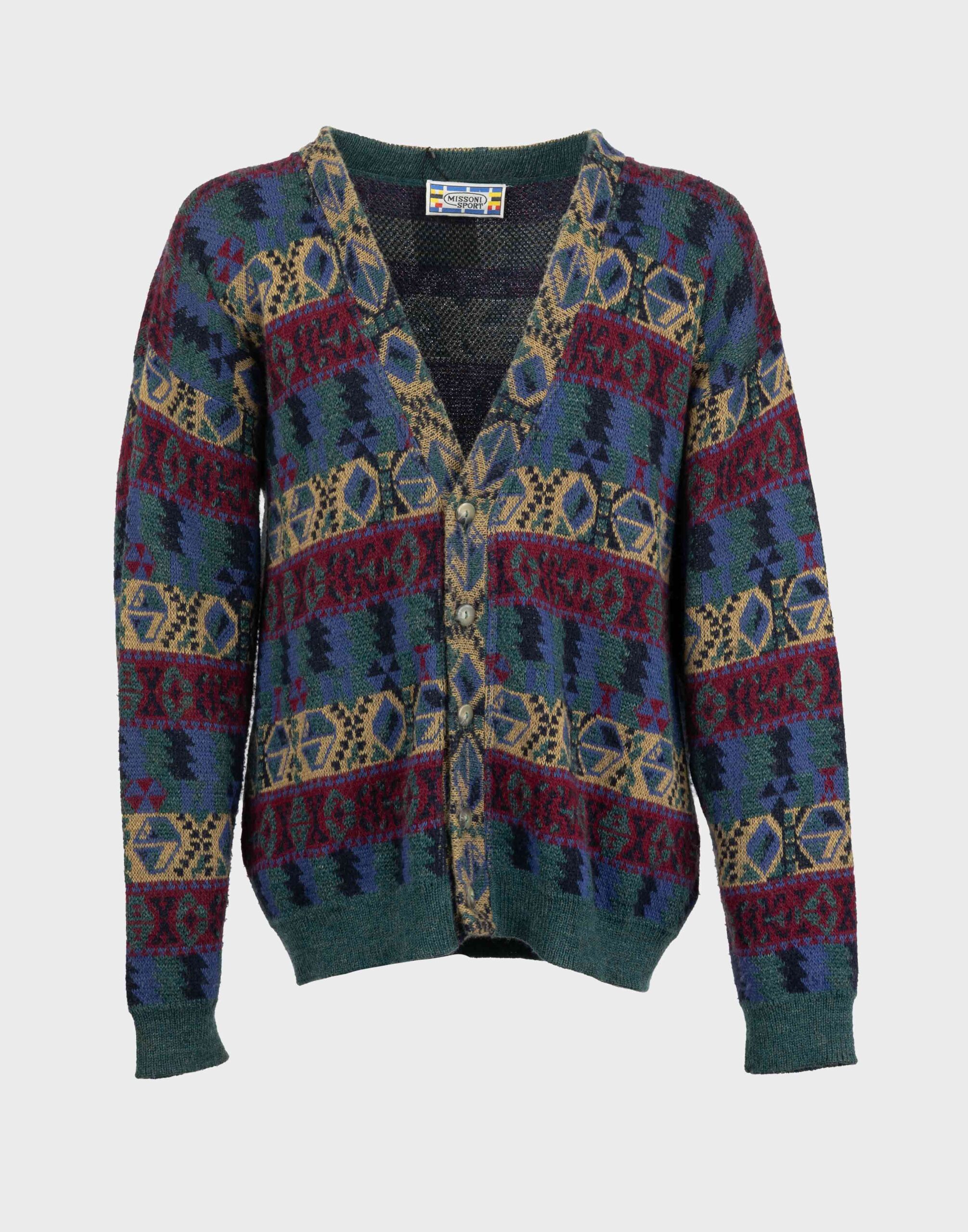 cardigan missoni sport da uomo in lana con fantasia geometrica viola e blu, scollo a V profondo, chiusura con bottoni