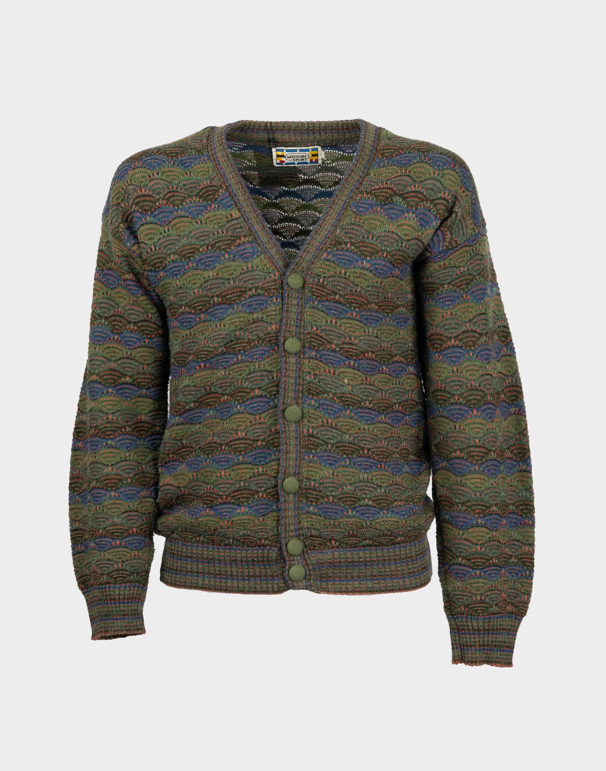 cardigan missoni sport verde in lana con scollo a V, chiusura anteriore con bottoni