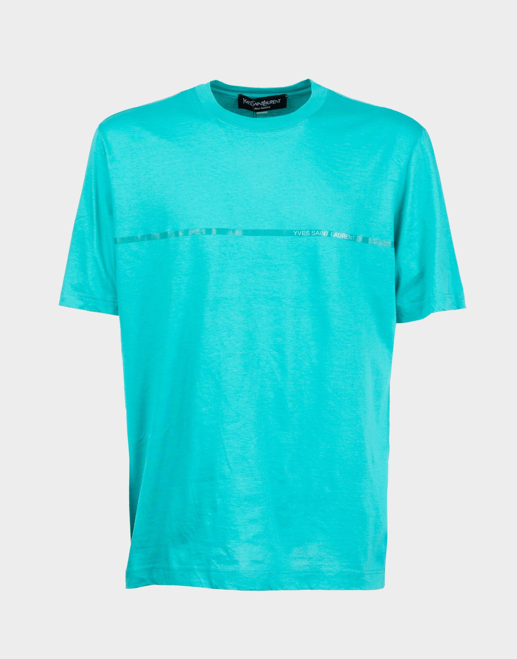 Men's light green cotton t-shirt with short sleeves, featuring a white stripe on the chest with the Yves Saint Laurent logo.