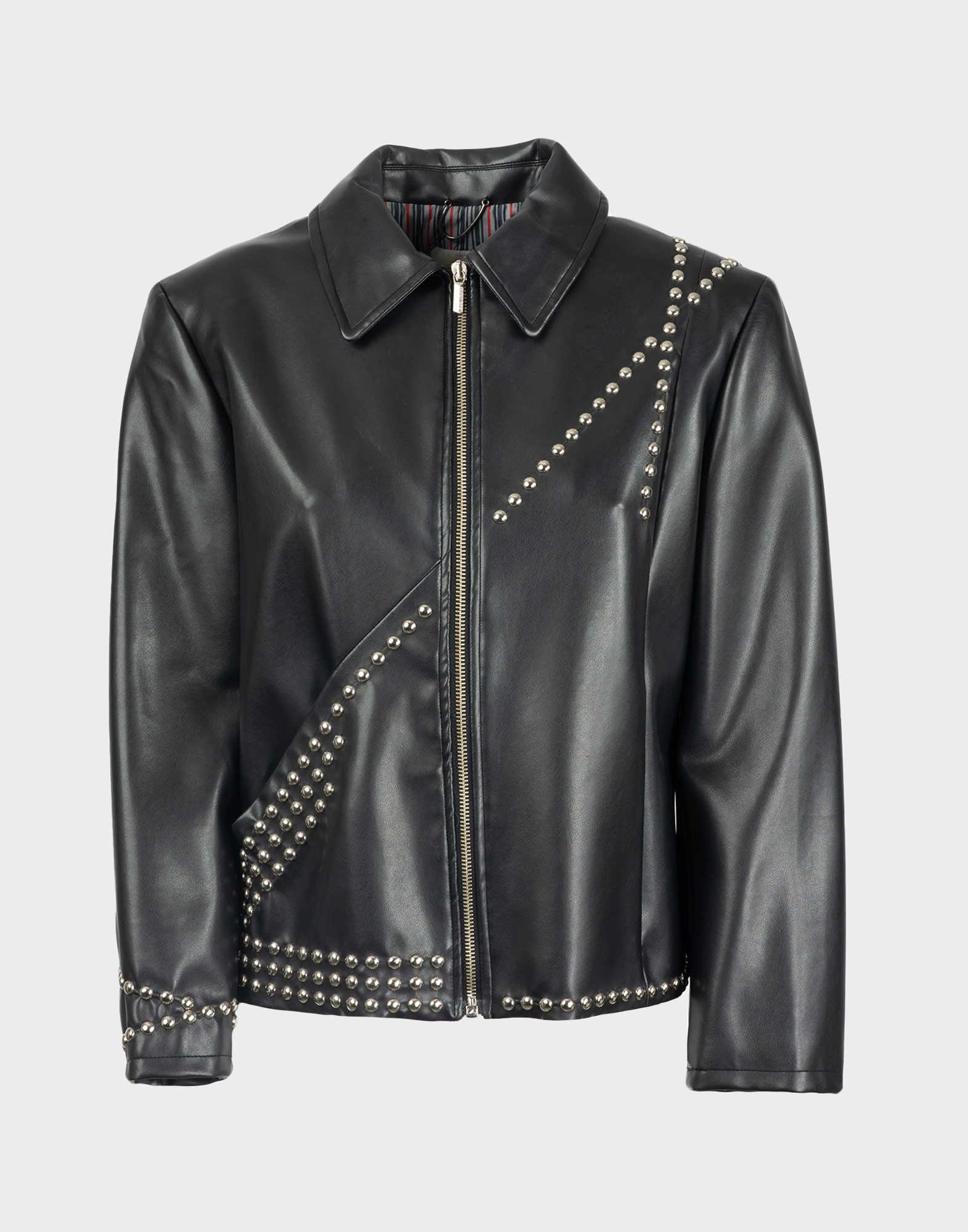 Women's long-sleeved black polyurethane jacket, front zipper closure, silver-colored studs applied on the edge and diagonally