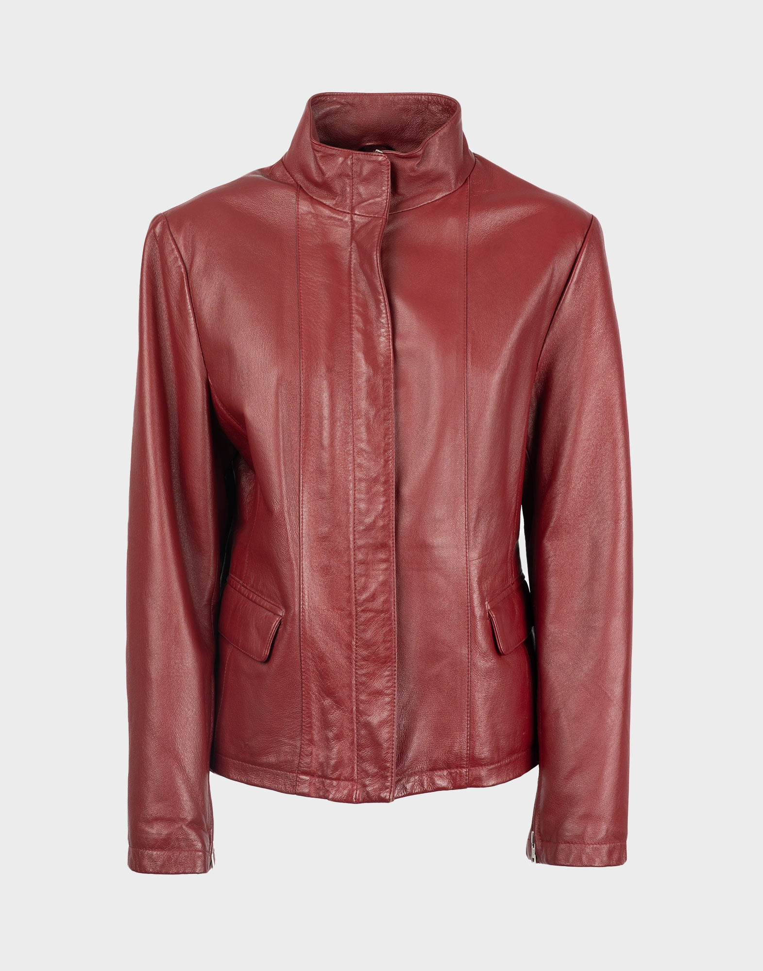 90s red escada sport leather jacket, front hidden zipper closure and two front pockets