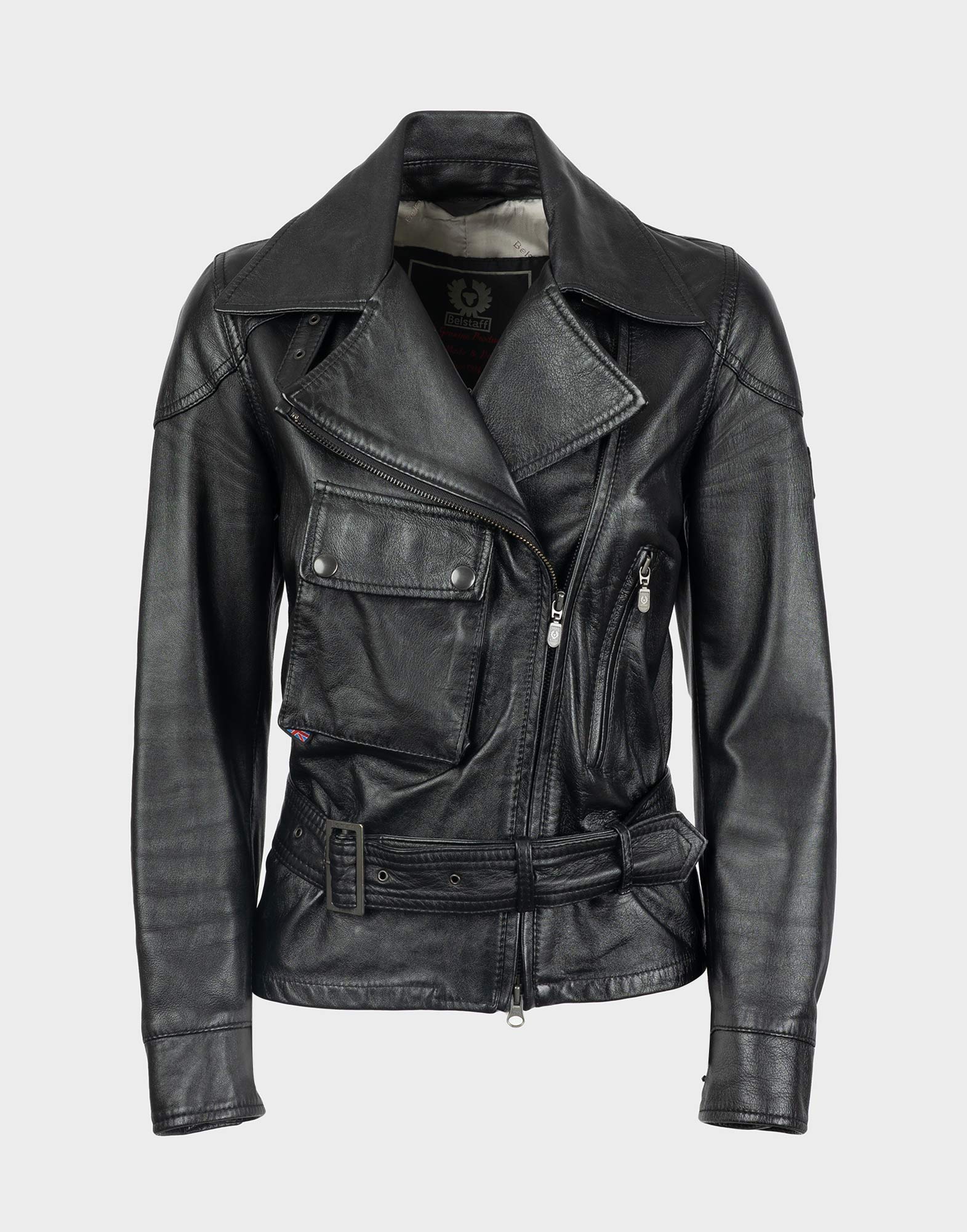 black leather women's studded jacket signed belstaff, zipper closure, adjustable waist belt, breast pocket on front