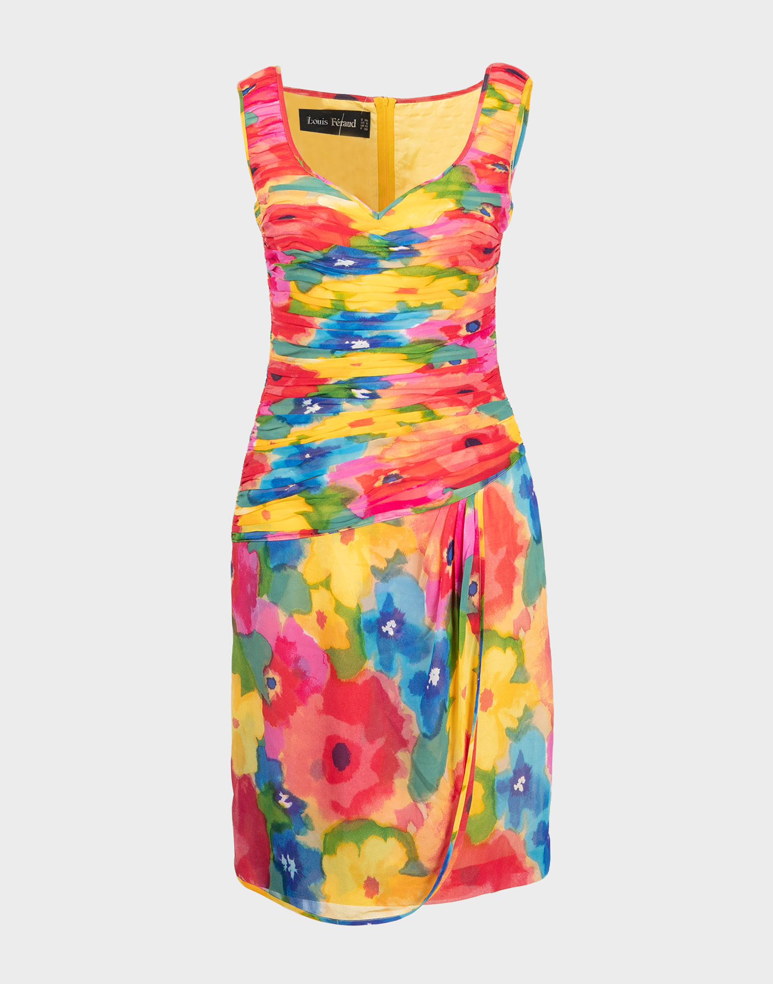 vestito da donna louis feraud con base gialla e fantasia floreale multicolore all-over, giro maniche, scollatura a cuore
