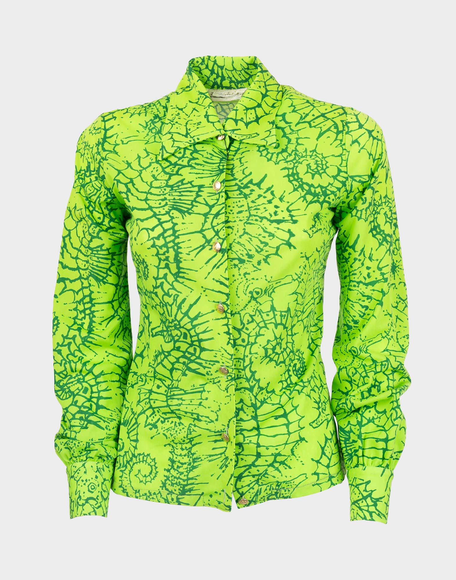 camicia verde ken scott con fantasia floreale anni '70, chiusura anteriore con bottoni, colletto a punta