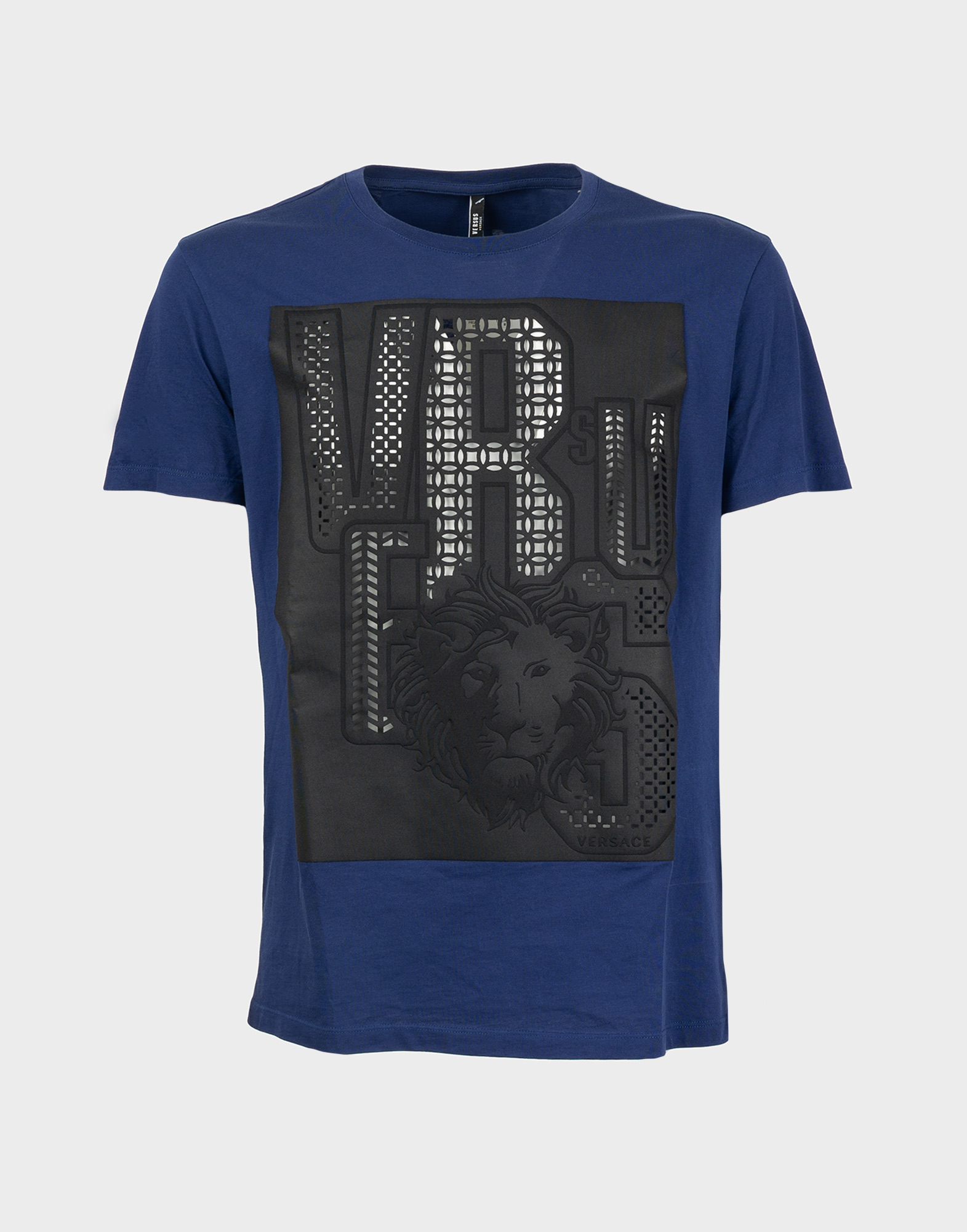 t-shirt blu da uomo a maniche corte con logo in nero Versus e testa di leone sul davanti