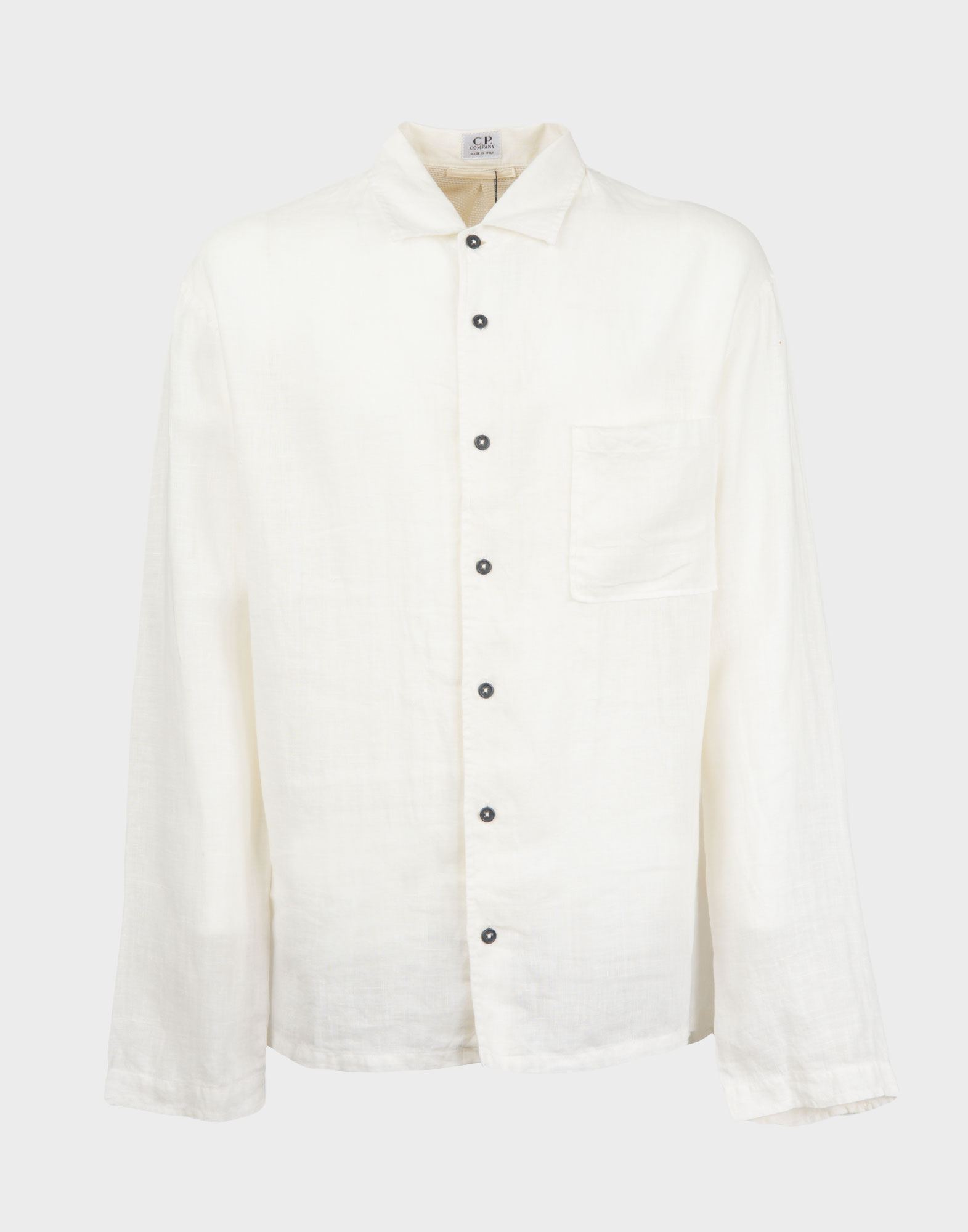camicia bianca da uomo c.p. company in lino, chiusura anteriore con bottoni neri