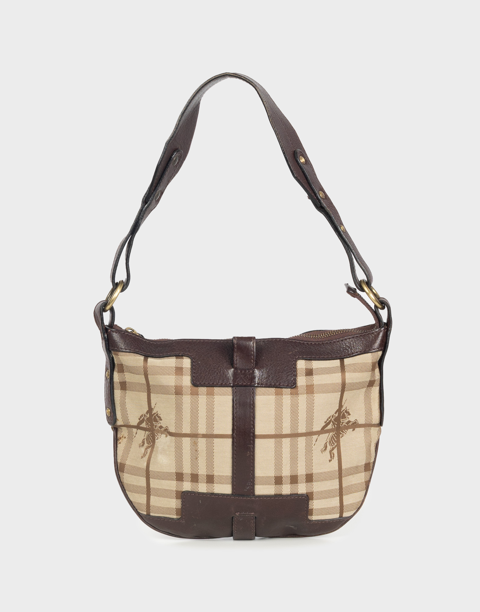 borsa a spalla burberry anni 2000 in canvas beige e tartan, dettagli a contrasto in pelle marrone