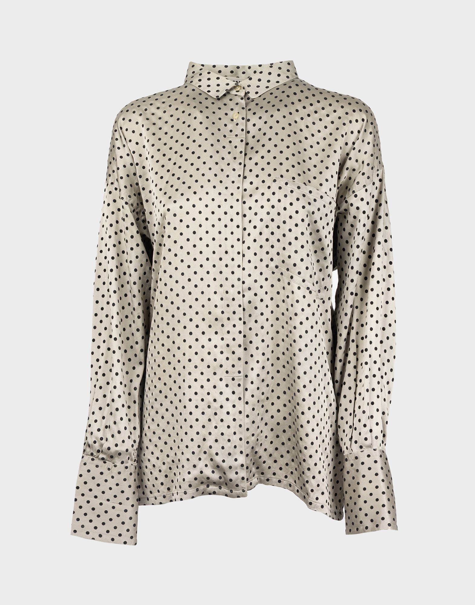 grey silk jil sander women's shirt with black polka dot pattern, long sleeves