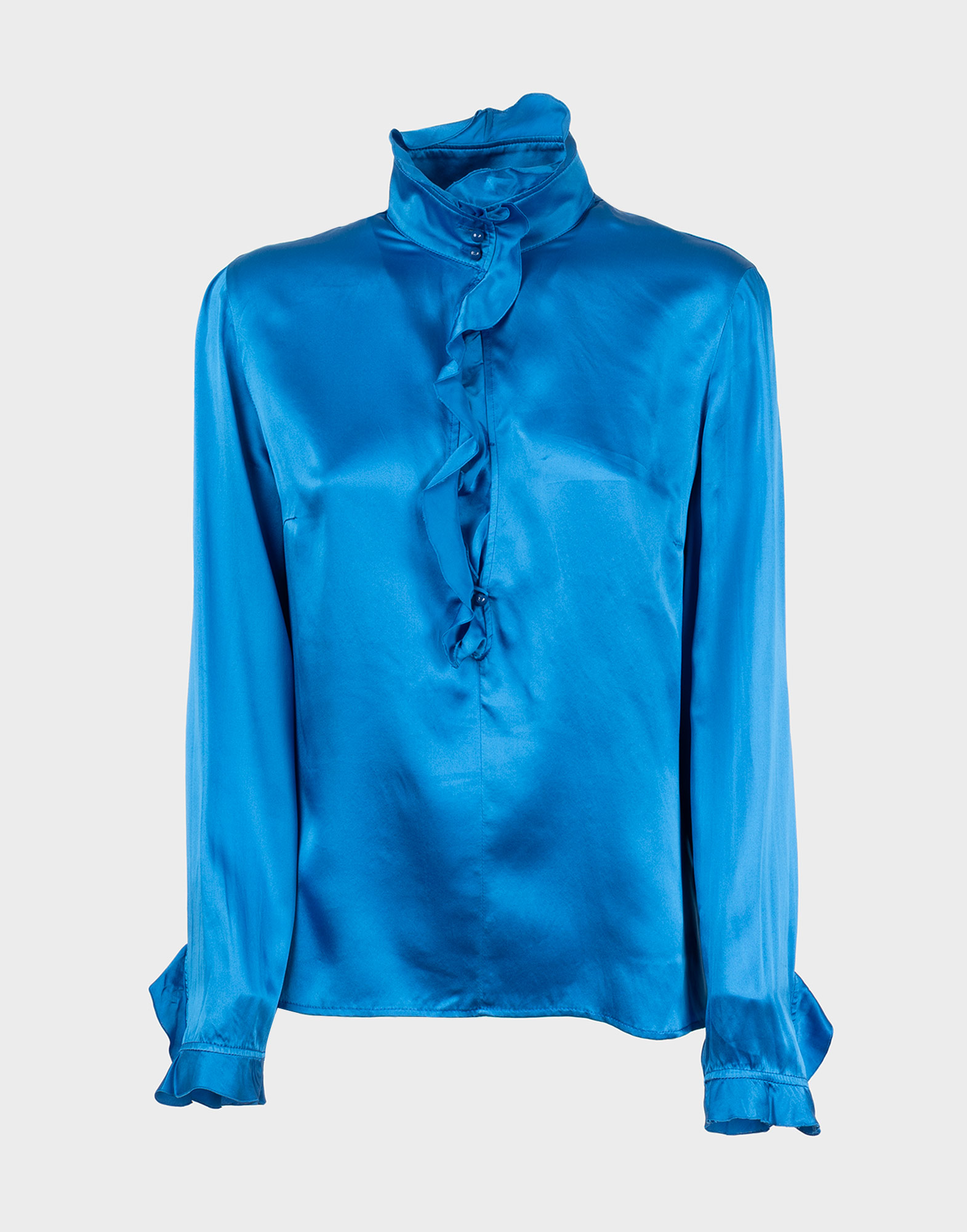 blue silk women's blouse by valentino with collar, ruffles on cuffs and neckline
