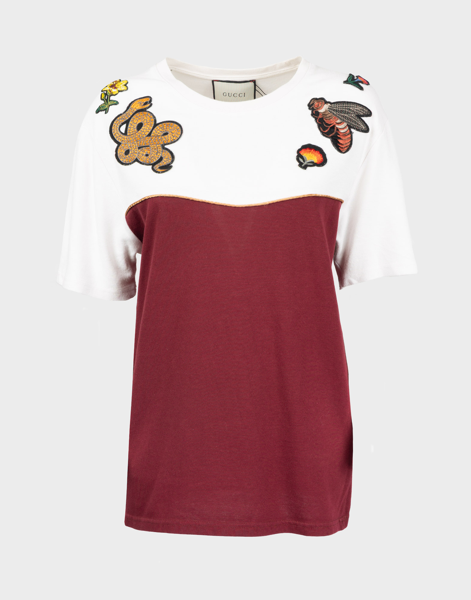 t-shirt da donna a maniche corte bianca e bordeaux con scollo tondo, patches di animali applicate sulle spalle