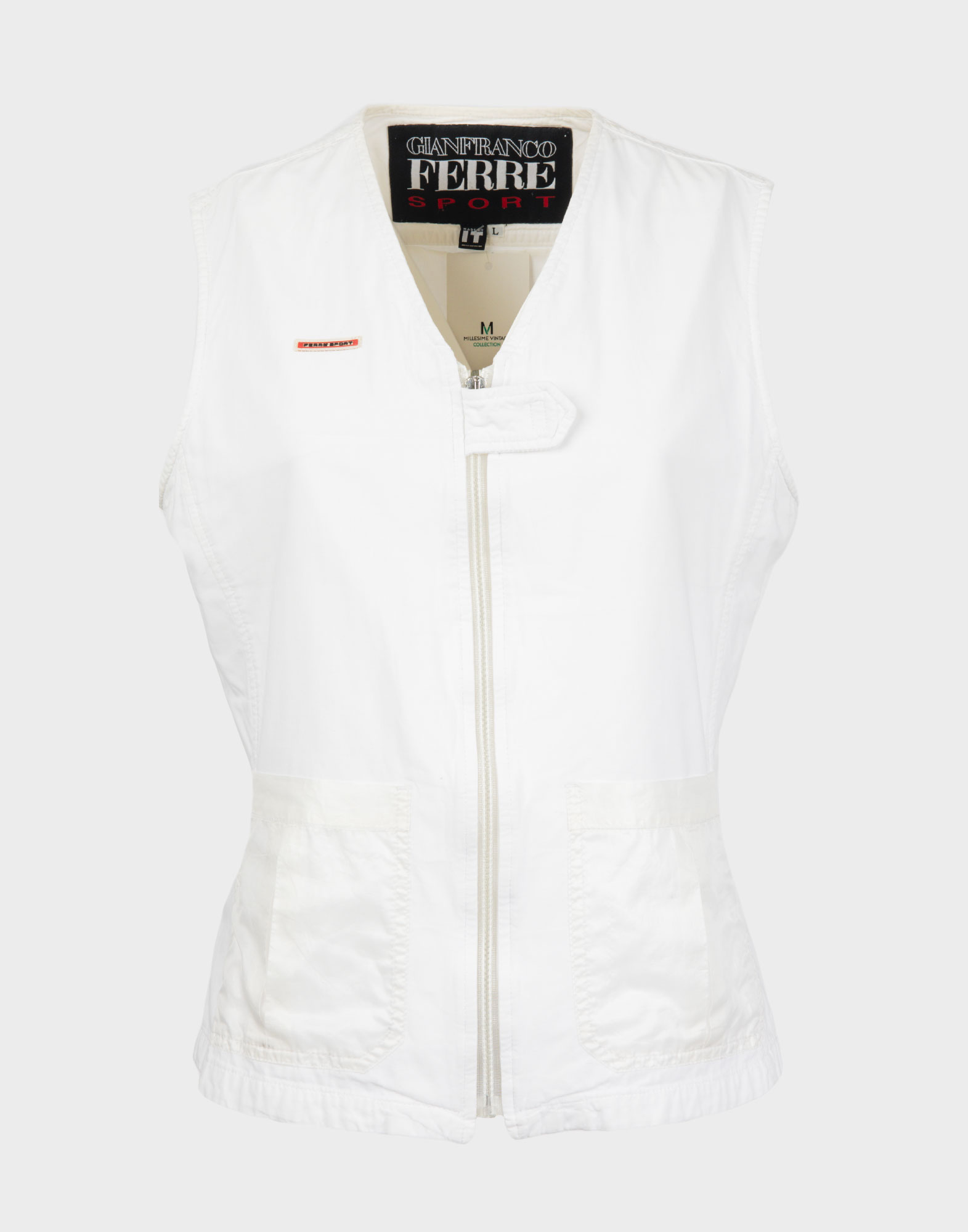 gilet bianco da donna in cotone, scollo a v, cerniera bianca in plastica sul davanti