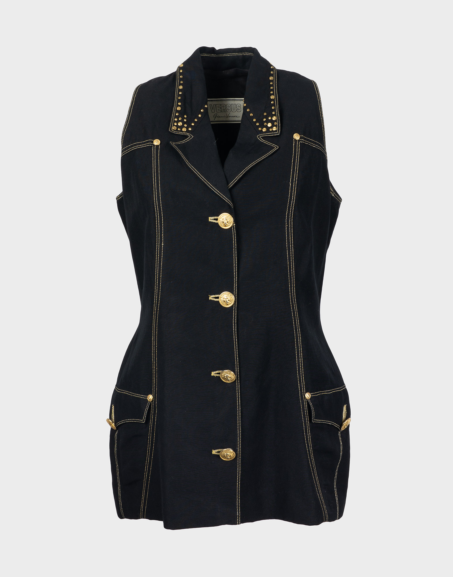 Women's black sleeveless cotton vest with gold buttons on front, yellow contrast stitching