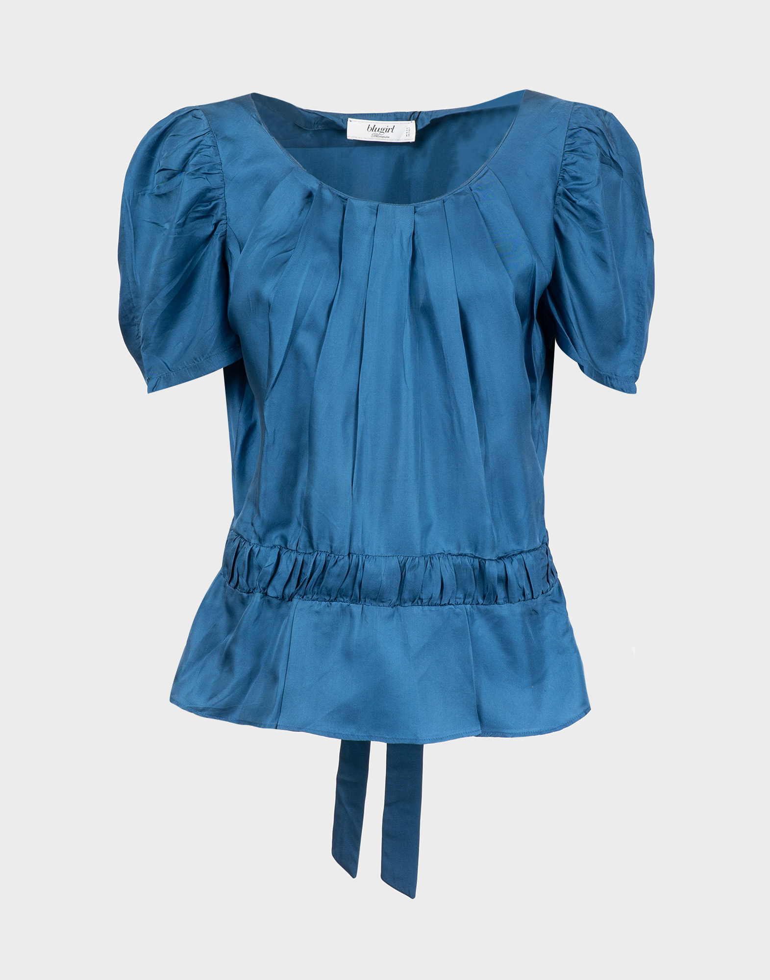 blusa da donna azzurra a maniche corte in seta con arricciatura in vita, fiocco sul retro, scollo a U e maniche a palloncino