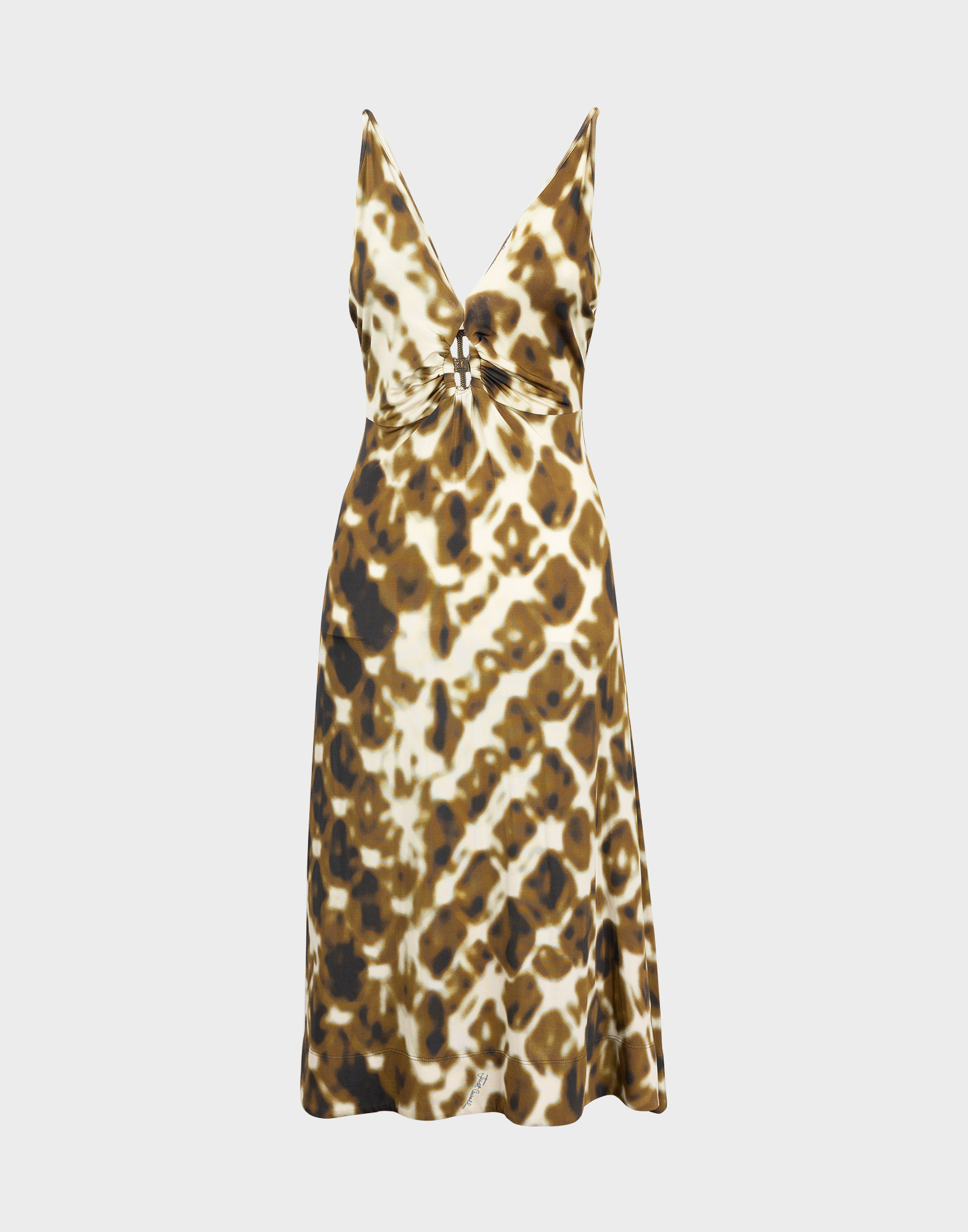 vestito da donna con spalline sottili, scollo a v, media lunghezza e fantasia camo beige e verde
