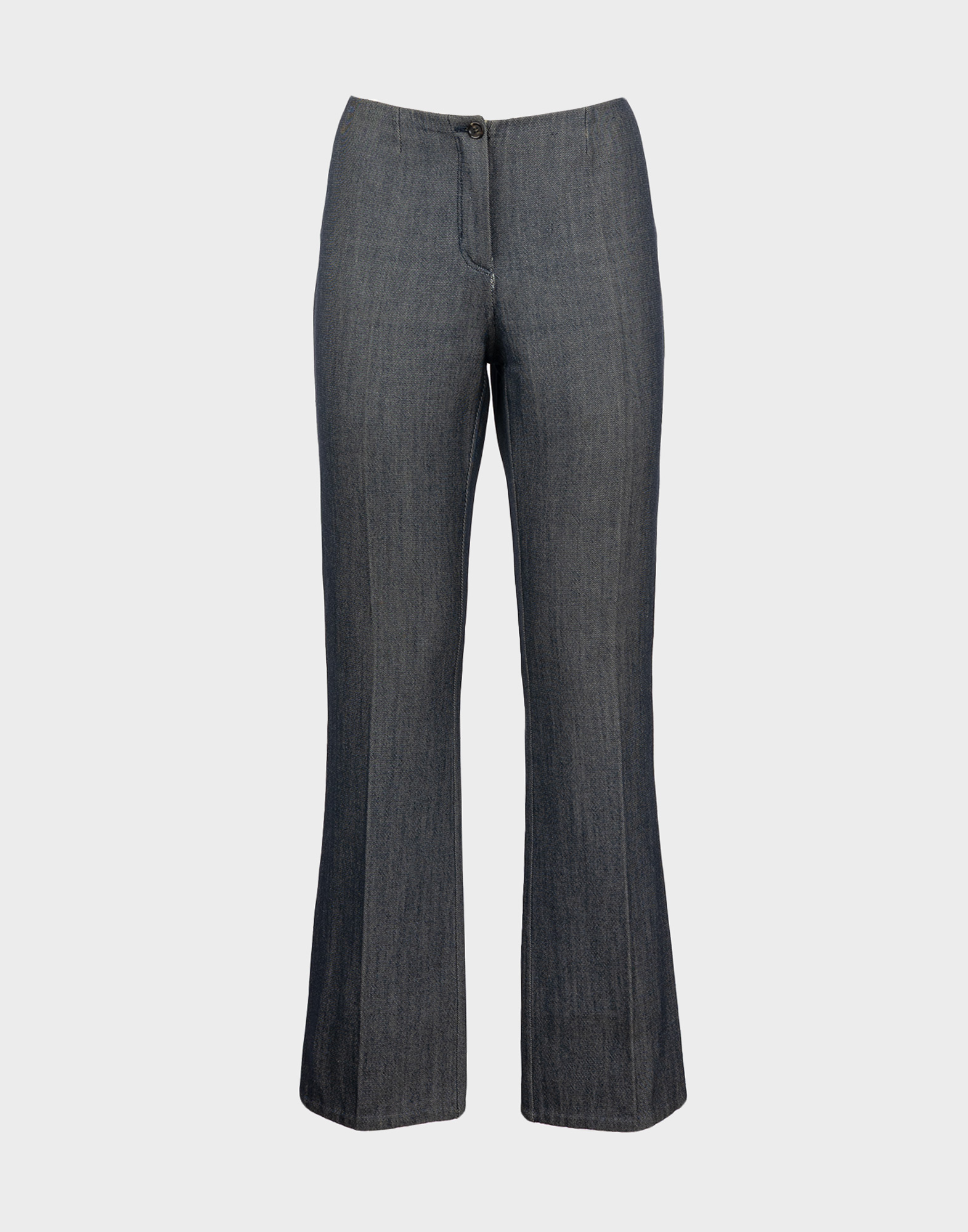 pantaloni da donna di colore grigio e tessuto effetto denim, a vita alta con gamba svasata