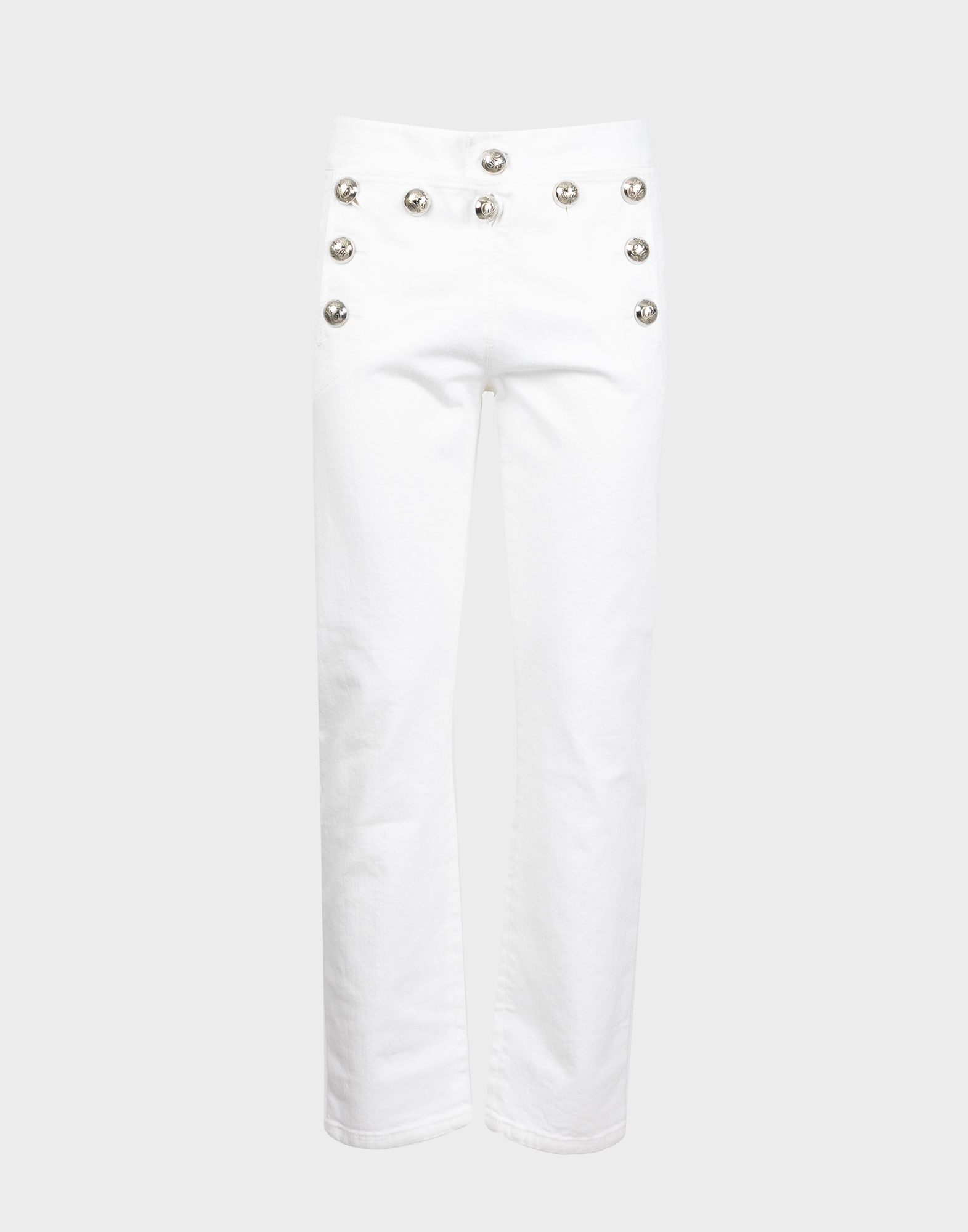 pantaloni bianchi da donna modello sailor boyfriend, chiusura a patta sul davanti con bottoni argento