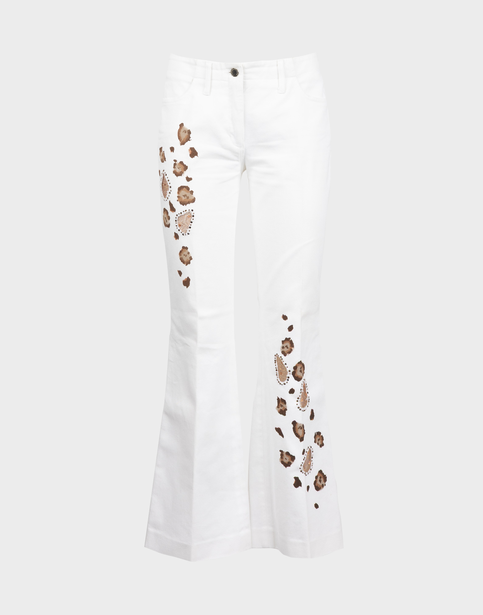 pantaloni bianchi da donna modello flare, fantasia macchie di ghepardo marroni