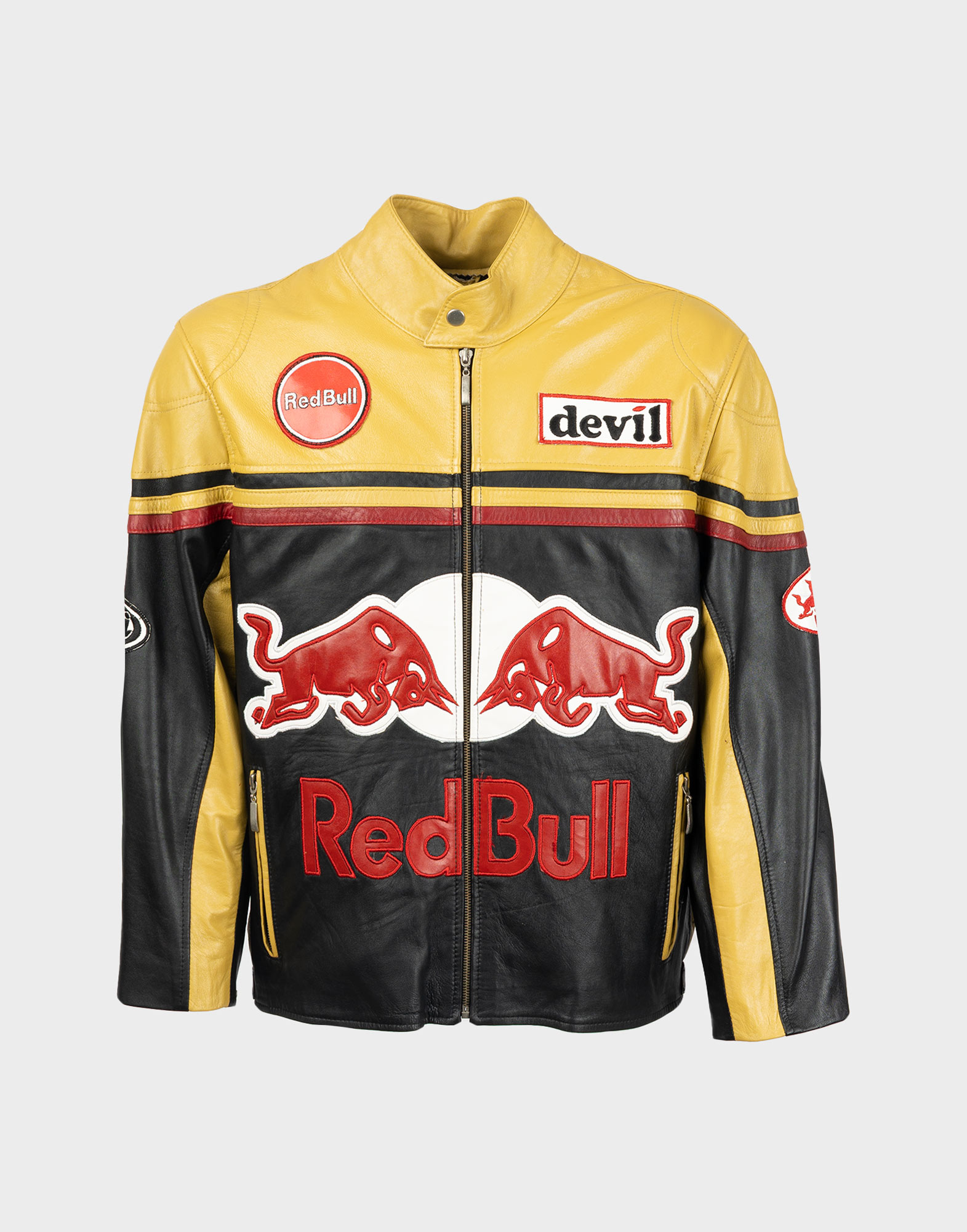black and ochre leather men's motorbike jacket with red redbull logo on the front