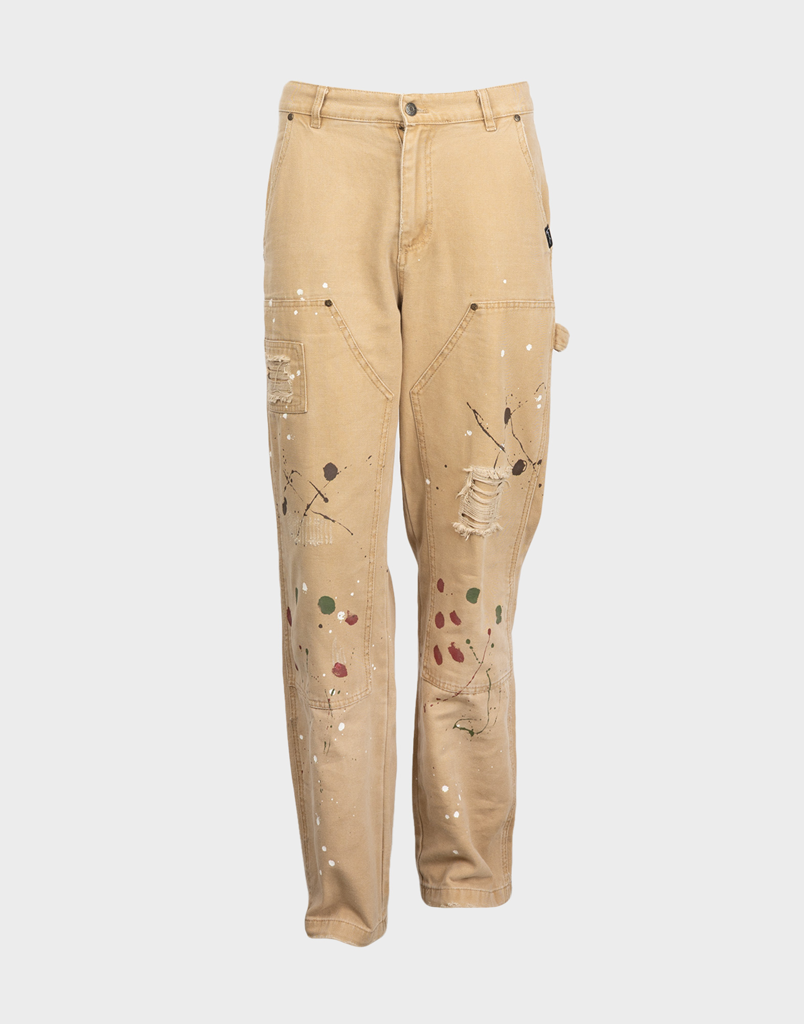 pantaloni beige da uomo firmati karl kani modello cargo slim fit con tasconi e schizzi di pittura multicolore