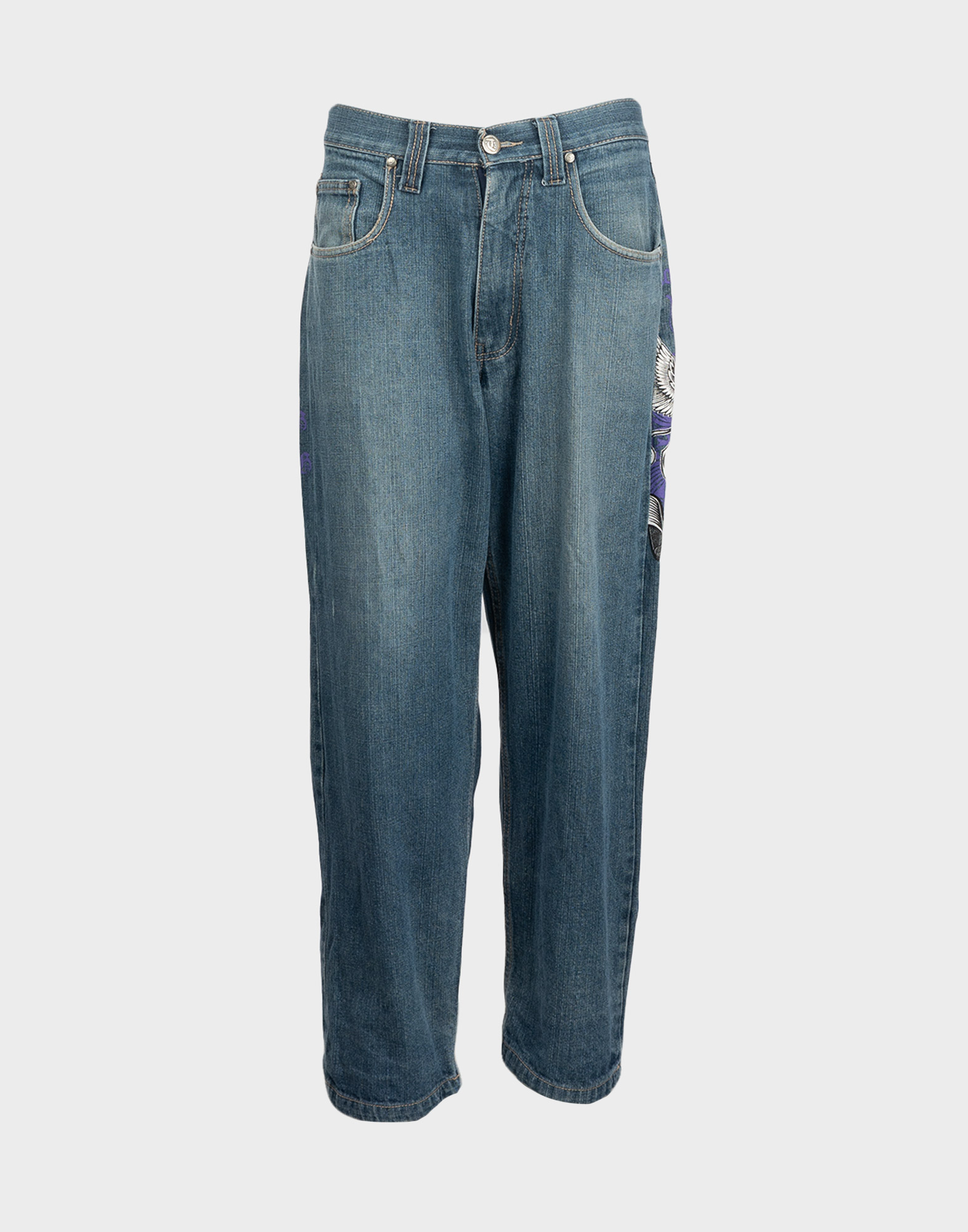 pantaloni skater da uomo in denim chiaro con stampe colorate sul retro