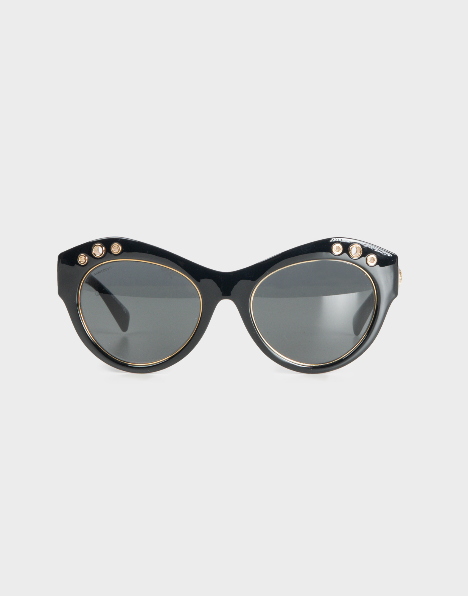 black versace mask glasses with gold studs on front