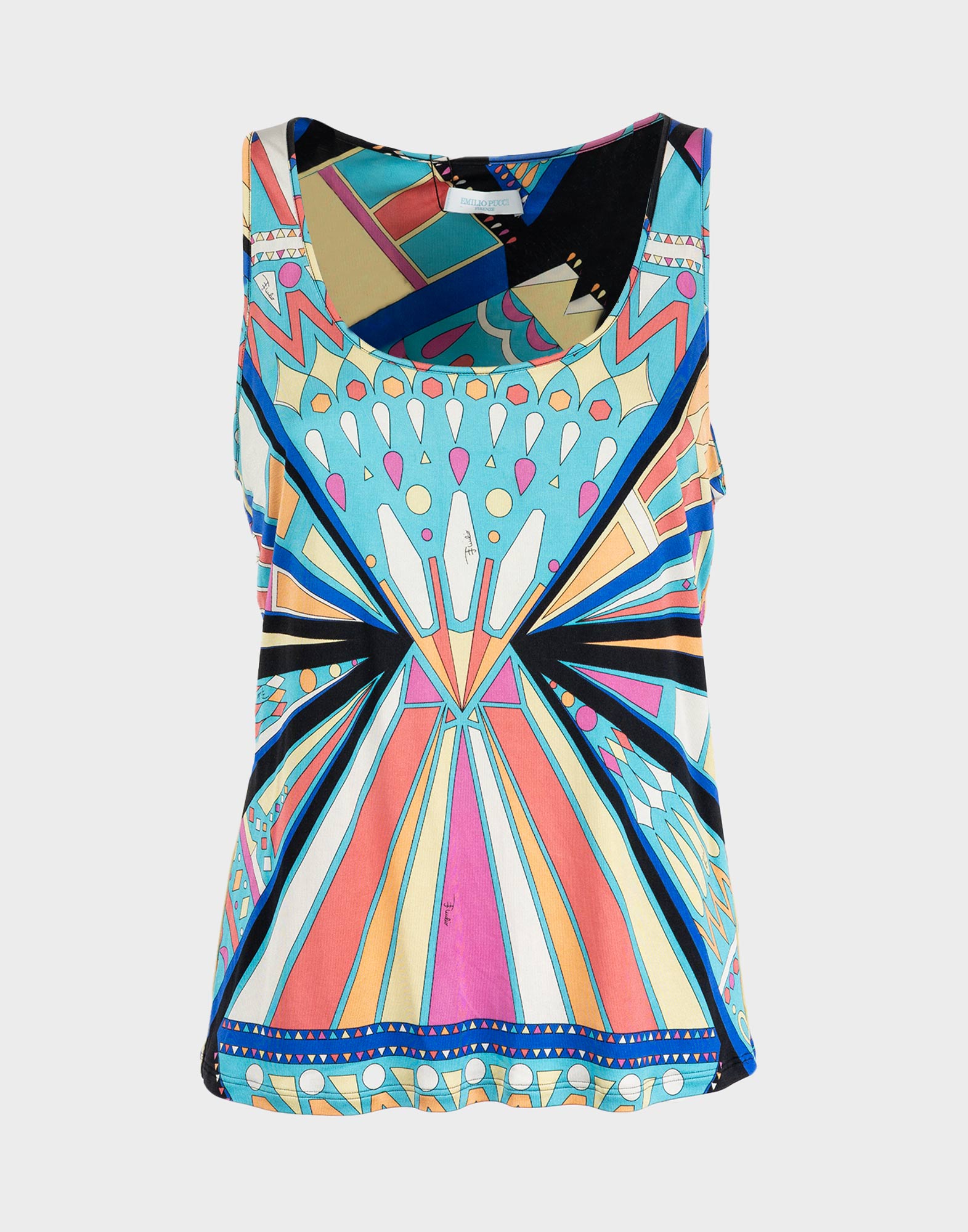 women's summer sleeveless u-neck top, emilio pucci, multicolor patterned blue, black and orange