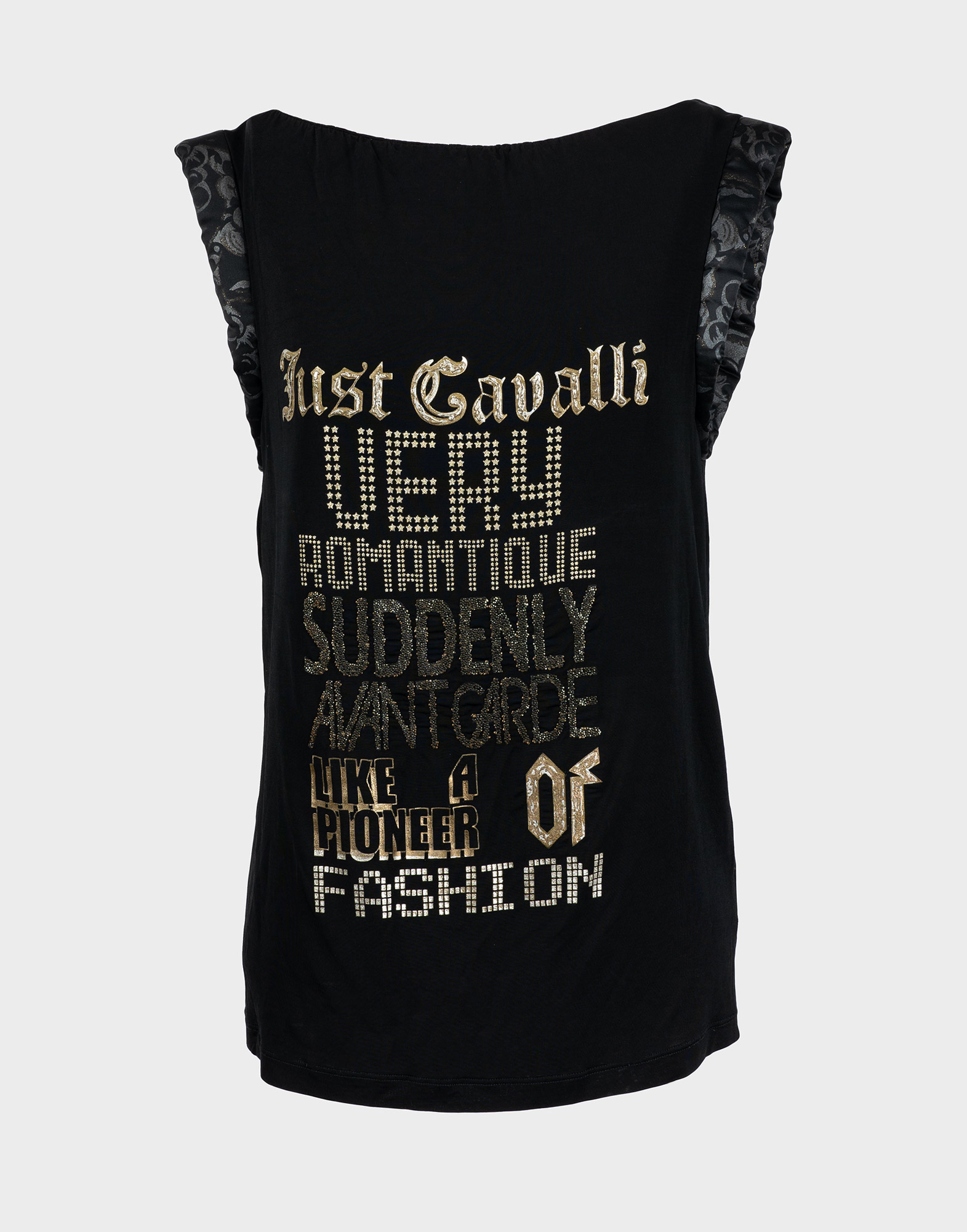 black sleeveless just cavalli top with gold lettering on the front